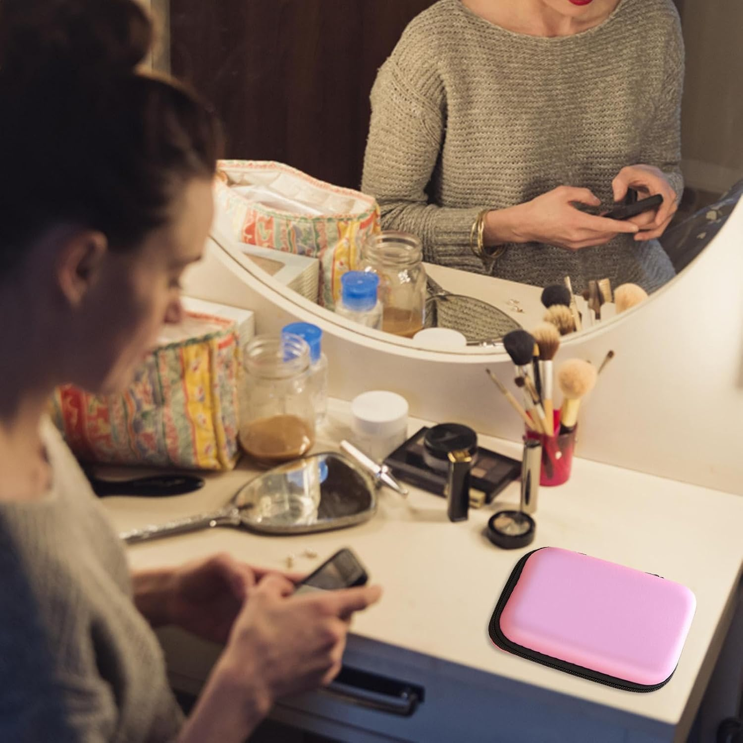 Electronic Organizer Case - 10X7Cm Cord Holder Travel Bag, Small Gadget Pouch, Data Cable Organizer | Chargings Case Earphone Bags Zippered Pocket for Men Women and Daily Office Use, Pink, Refer To - Pink image number 2