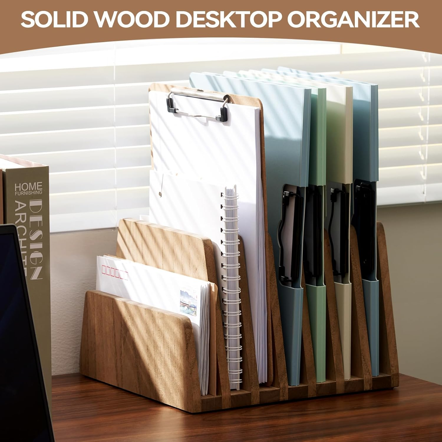 KIRIGEN Wood File Mail Organizer 7 Slots File Paper Holder Desktop Wood Document Letter Holder Organizer for Home Office Brown (7KWJJ-DBR)