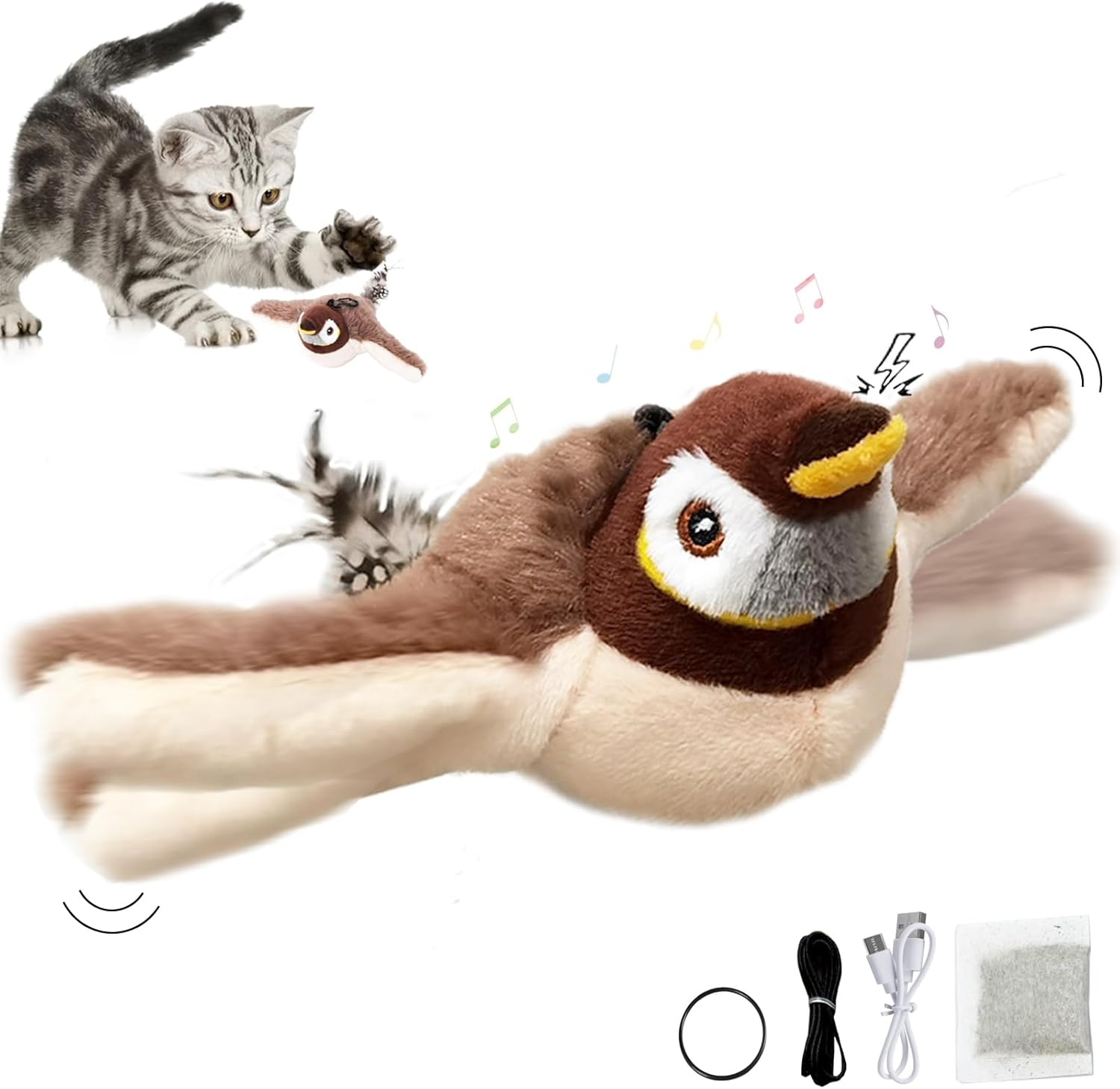 Bestek Flappy Bird Cat Toy(No Flying),Simulated Flapping Wings&Chirping Flying Bird Cat Toy,Rechargeable,Interactive Catnip Toys for Indoor Oudoor,Kittens and Small Dog