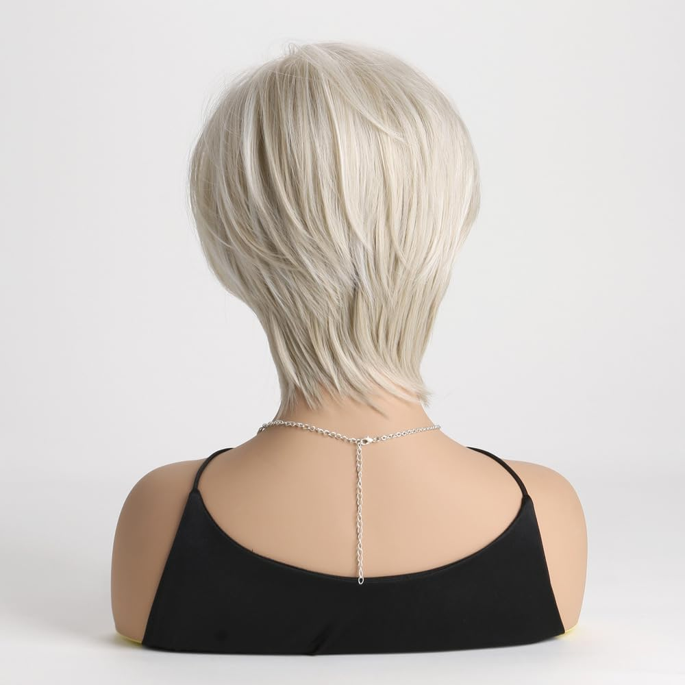 AUBWIG Light Blonde Short Wigs Classic Short Bob Natural Short Straight Wig with Fringe Multilayer Heat Resistant Synthetic Wigs (Light Blonde) image number 4