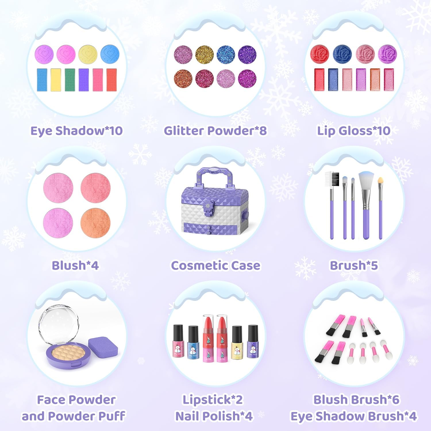 PERRYHOME Kids Makeup Set for Girl 56 Pcs Washable Real Cosmetic, Safe & Non-Toxic Frozen Toys Toddler Makeup Kit, Frozen Princess Dress up Game Christmas & Birthday Girl 3-12 - Purple image number 7