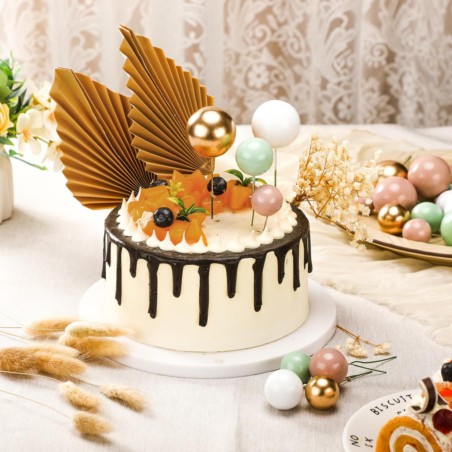 61Pcs Sage Green Ball Cake Topper and Picks - Foam Cupcake Topper for Baby Shower, Birthday Party, Wedding Anniversary - DIY Cake Decoration Supplies