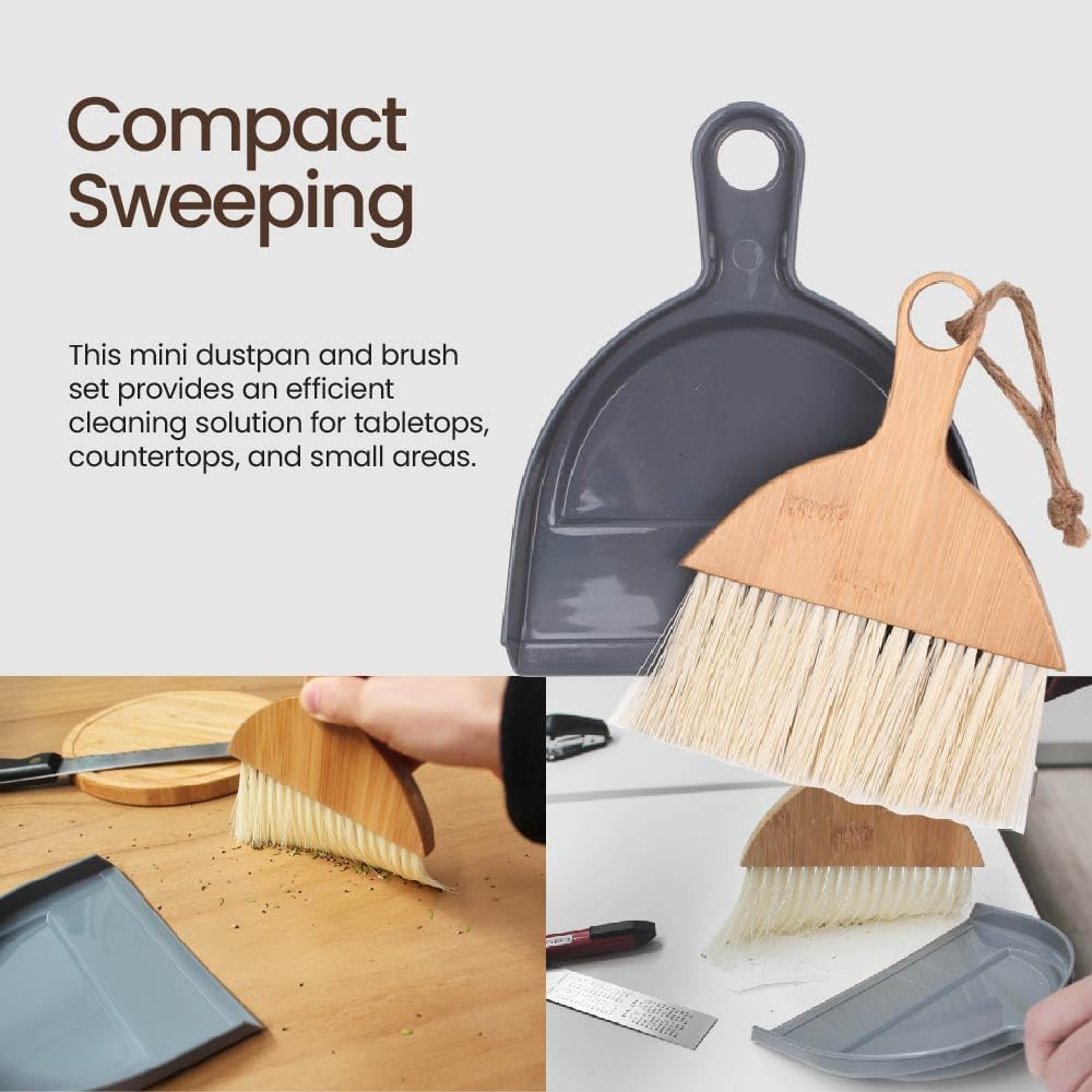 Eco Basics Mini Dustpan & Brush &ndash; FSC Bamboo Handle, Ocean-Bound Hard Plastic & Post-Consumer Recycled Bristles, Compact Set for Tabletops, Countertops, Desk, Pets Hairs, Keyboard Clean-Ups, 16.5X20Cm image number 3