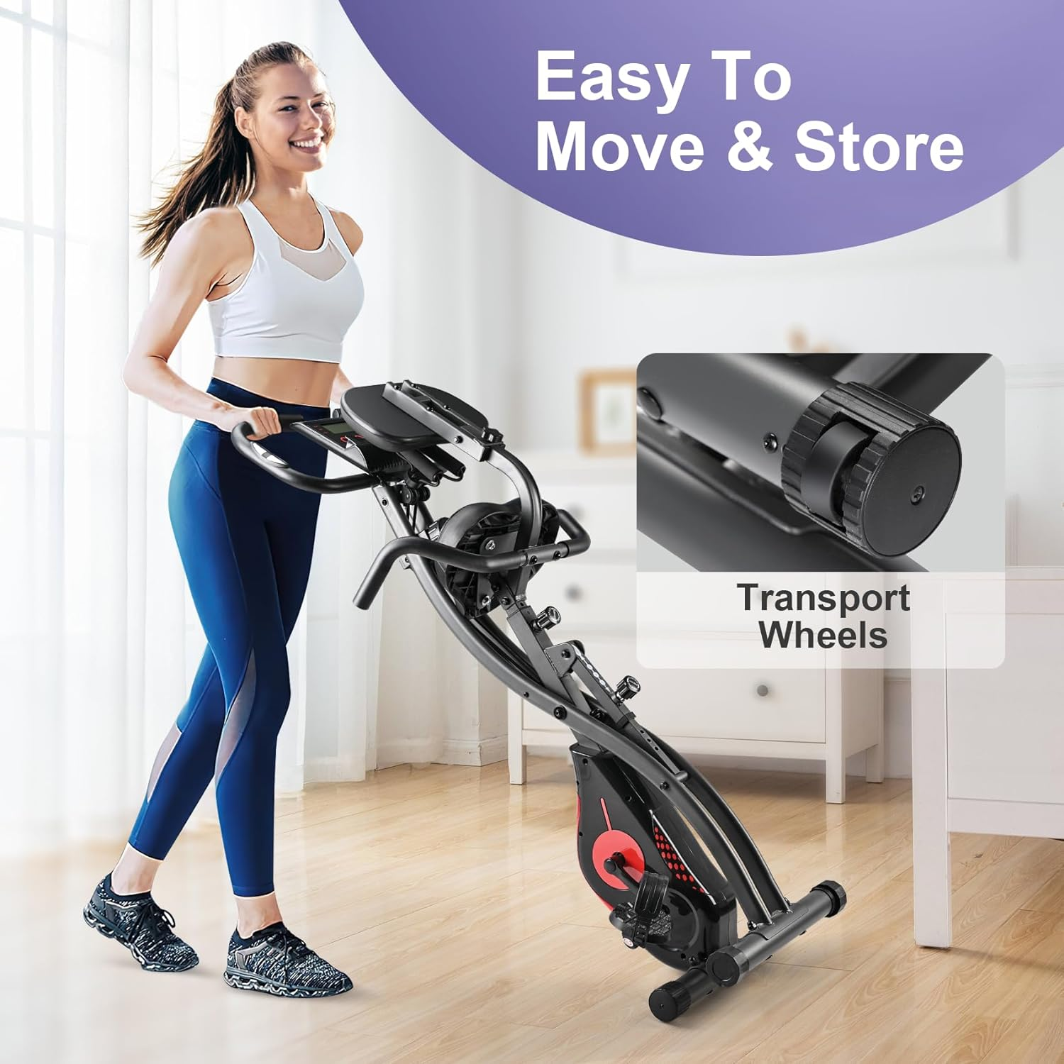Multifunctional Magnetic Exercise Bike : Ultra-Quiet, Foldable, 8-Level Resistance [Includes Resistance Bands, Heart Rate,Lcd Monitor, Ipad Mount] Good for Home Cardio Training (Red&Black) image number 1