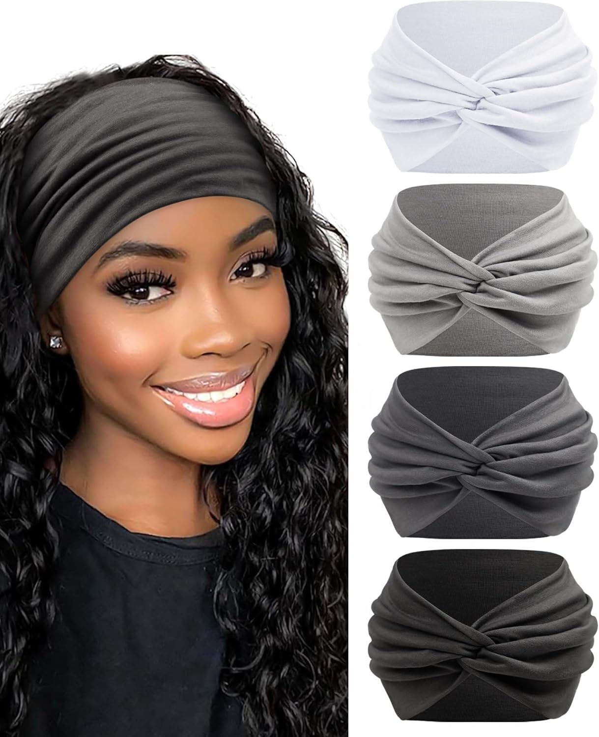 BELEVO Wide Headbands for Women'S Hair, Stretchy Headband 7'' Head Bands Adult Women Knotted Head Band Elastic Hairbands Fashion Accessories for Women 4 Pcs