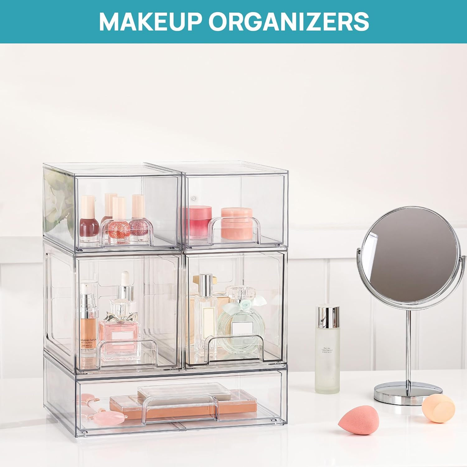 2 Pack Stackable Makeup Organizer Storage Drawers, Vtopmart 6.6&rsquo;&lsquo; Tall Acrylic Bathroom Organizers，Clear Plastic Bins for Vanity, Undersink, Kitchen Cabinets, Pantry Organization and SVM10001