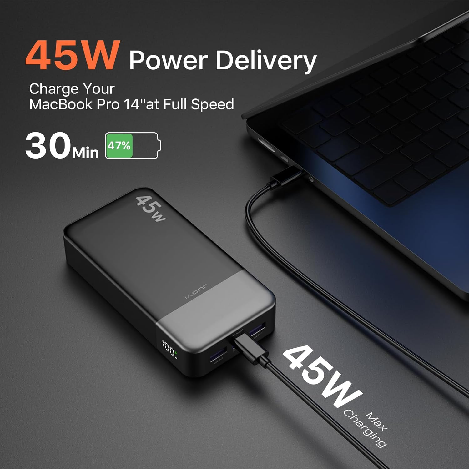 JUOVI Power Bank 20000Mah, 45W Portable Charger, Samsung Super Fast Charging with LED Display Portable Phone Charger, USB C Power Bank for Macbook, Iphone 16 15 14 13 Pro Samsung S24 S23 (Black) - Black image number 5