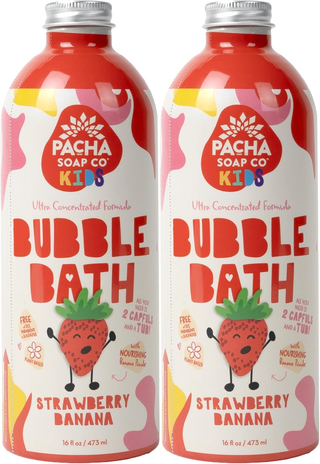 Pacha Soap Co. Kids Bubble Bath, Strawberry Banana, 2 Pack - Make Bathtime Fun & Squeaky Clean, Ultra-Concentrated, Foaming, Plant-Based, Vitamin Rich, Non-Toxic, Tear-Free, Recyclable image number 2