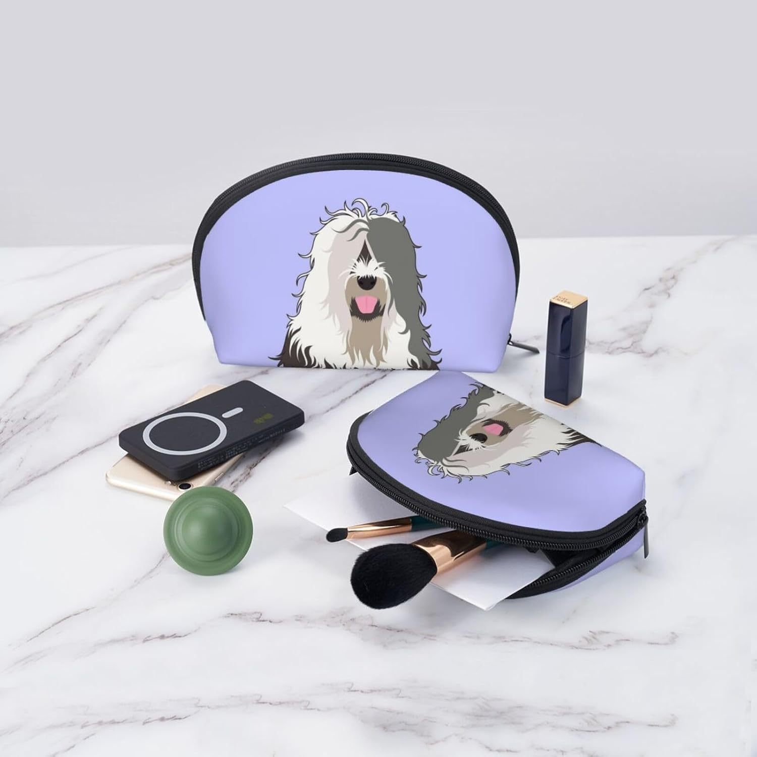 Cozimangoe Coin Pouch Makeup Bags Set, 2 Piece Shell Shape Cosmetic Bag with Pockets for Daily Travel Handbag Lipstick Keys Toiletry, Personalized Old English Sheepdog image number 5