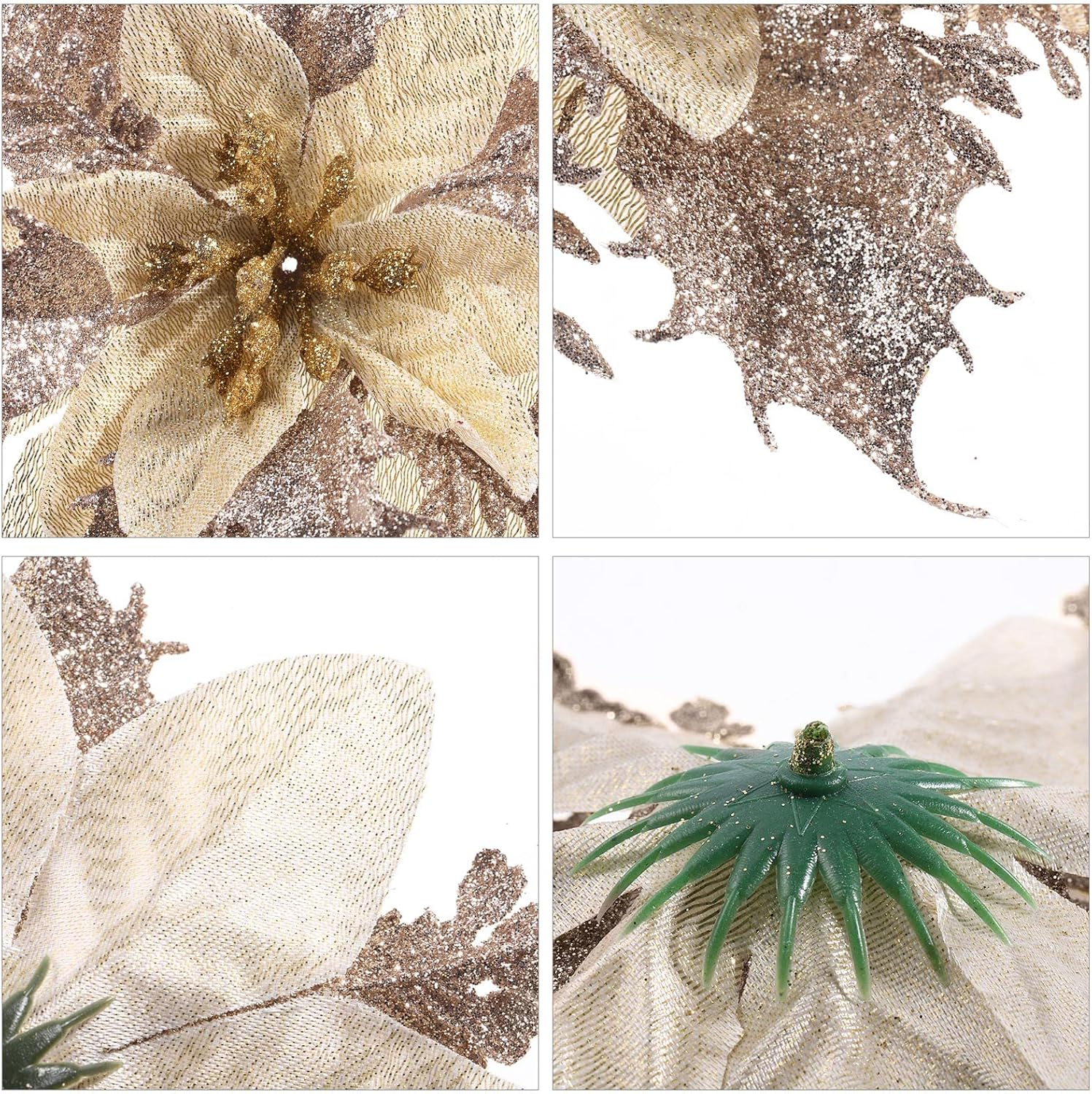 TOYANDONA 12Pcs Christmas Glitter Poinsettia Flowers, Christmas Tree Flower Decorations Artificial Flowers with Stems and Clips for Wedding Party Wreath (Champagne) - Red image number 7