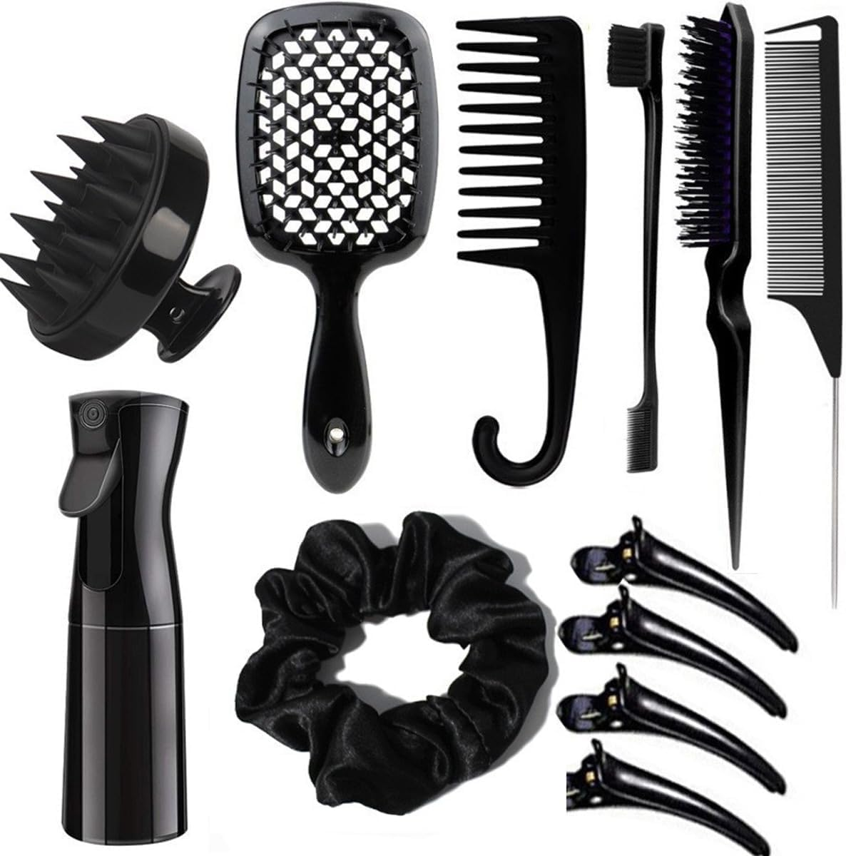12 Piece Hair Comb and Hairbrushes Set for Men Women, Silicone Scalp Massager Shampoo Brush for Shower, Hairdresser Spray Bottle, Hair Styling Tools, Travel Essentials (Black)