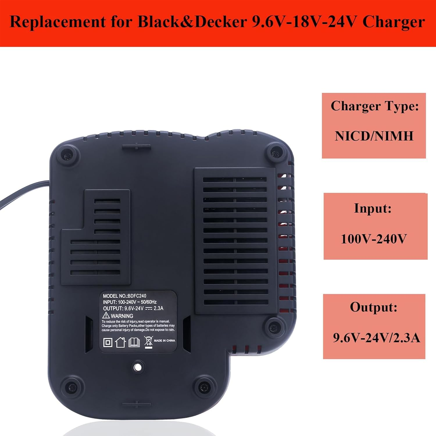 BDCCN24 Multi-Volt Battery Charger,Compatible with Black and Decker 18V 14.4V 12V 9.6V 24V Nicd Nimh Battery HPB18 HPB18-OPE HPB14 HPB12 HPB96 Hpb24,Ni-Mh-Ni-Cd Fast Charger image number 3