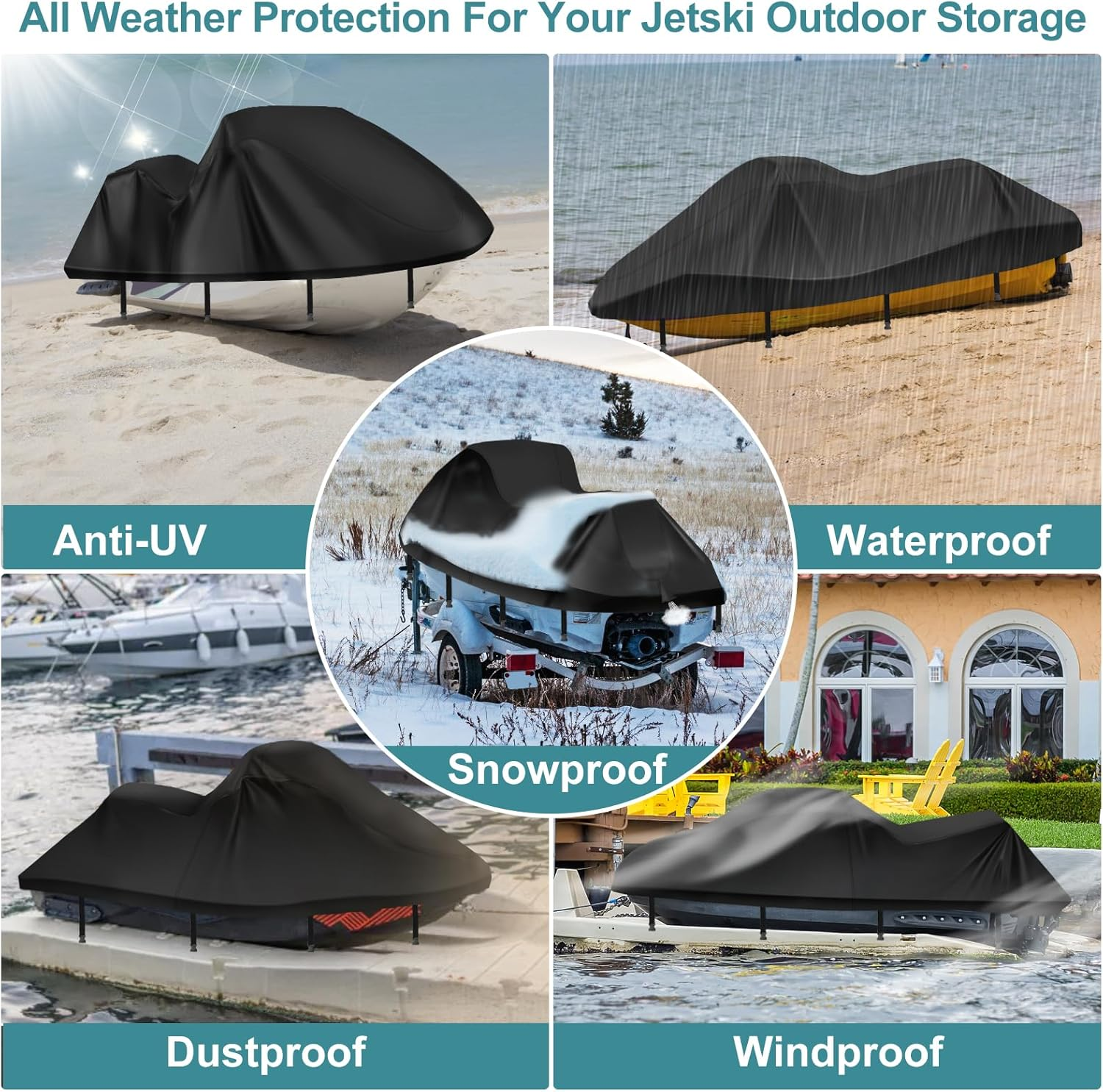 Jetski Covers,Upgraded 420D Waverunner Cover Waterproof,Durable Jet Ski Cover 3 Seater with 2 Air Vents，4 Windproof Buckles，Easy On，All Weather Universal Cover for Seadoo Spark(Black, XL:115"-120") image number 3