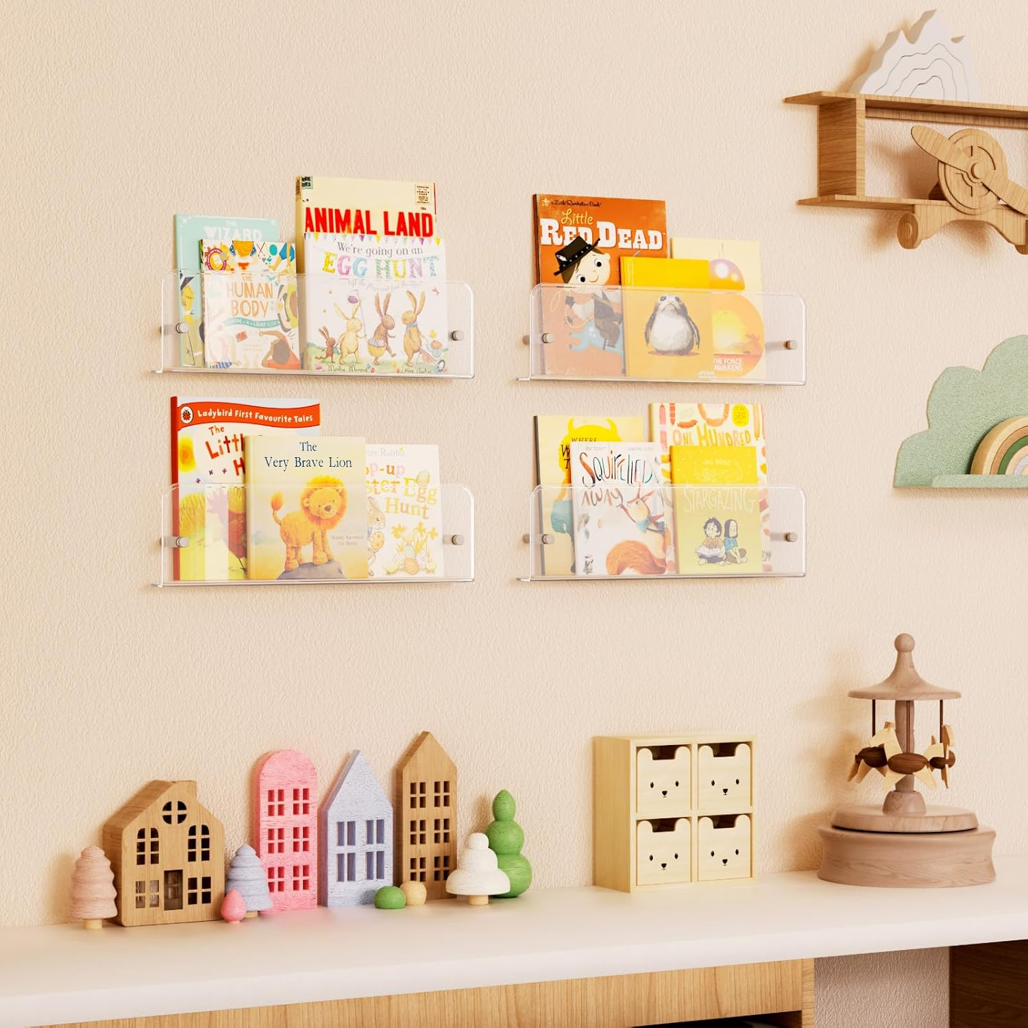 Lifewit Nursery Bookshelf 4 Pack, 15" Floating Shelves for Wall Mounted, Clear Acrylic Kids Magazine/Picture Hanging Racks for Baby/Toddler/Children in Bedroom, Living Room Decor image number 4