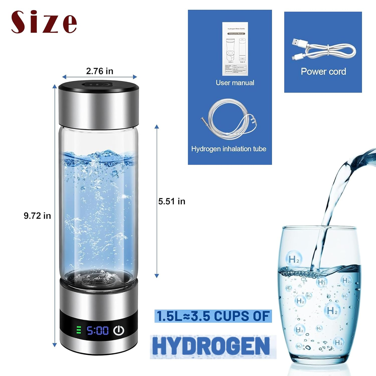 Glass Hydrogen Water Bottle, 16Oz/460Ml, 2500+ PPB, SPE/PEM Tech, LED Display, Type-C Rechargeable, Food-Grade, for Health & Daily Use image number 2