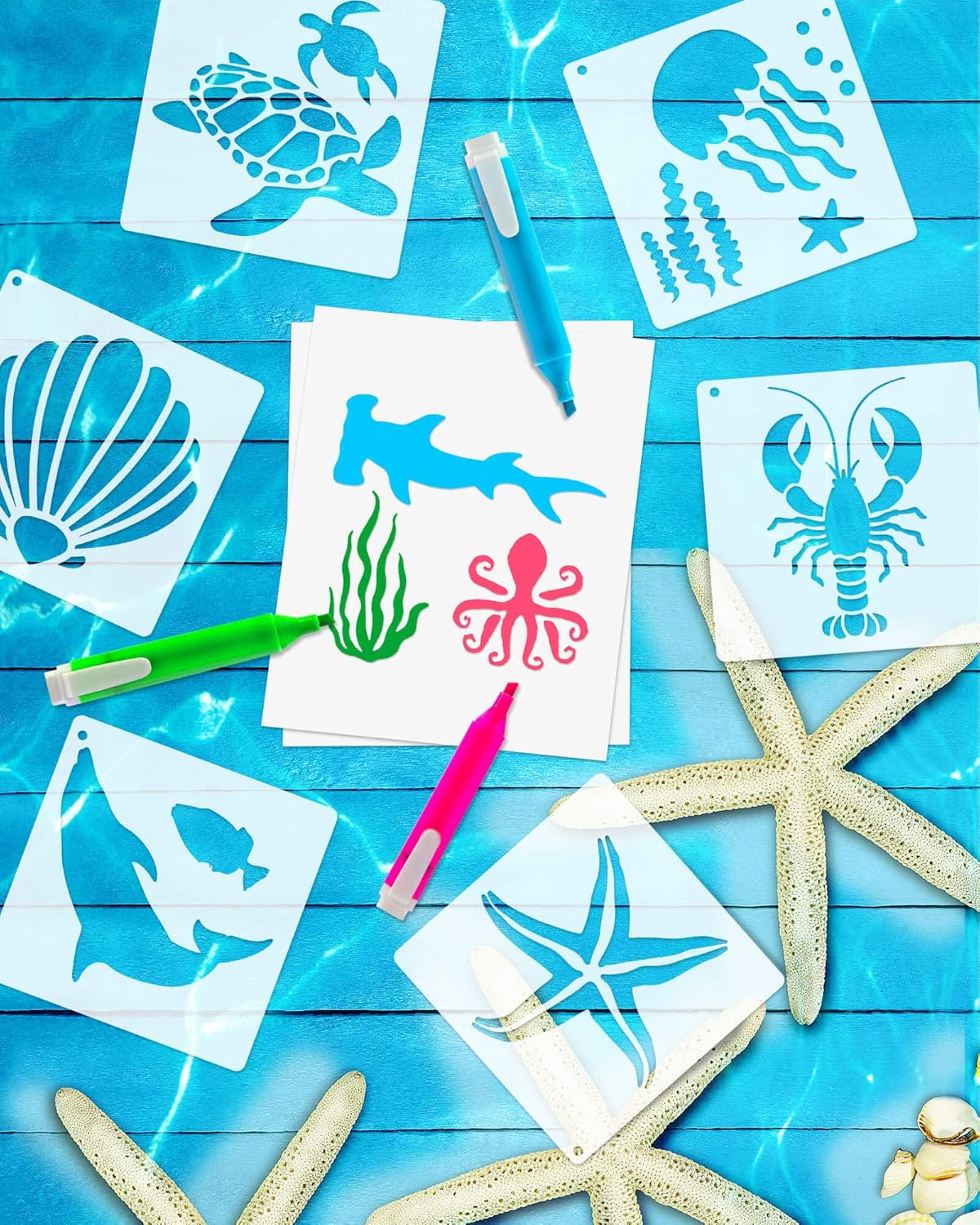 Vomika 36PCS Reusable Ocean Creatures Stencils, Sea Animal PET Template, DIY Craft Paint Stencil with Metal Open Ring, for Painting on Floor Wall Wood Paper Fabric Furniture, 5.1X5.1 Inches image number 1