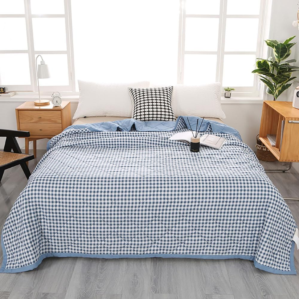 Plaid Quilted Bedspreads - Summer Soft Washed Cotton Lightweight Comforter, Reversible Checked Polyester Filling Cooling Blanket for Single Double Bed Air Conditioning Use (Light Blue,150X200Cm) image number 4