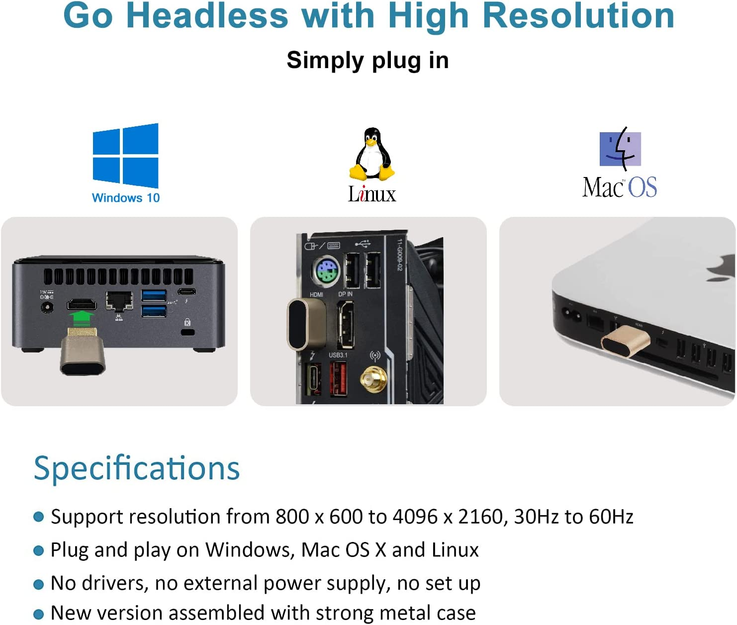 1-Pack ADWITS 4K 2K 1080P 30Hz to 60Hz Support HDMI Display Emulator DDC EDID Headless Ghost Monitor Adapter Dummy Plug,New Version Highest 4096X2160@60Hz -Gold Color - 1 Pack - Hdmi-Emulator image number 6