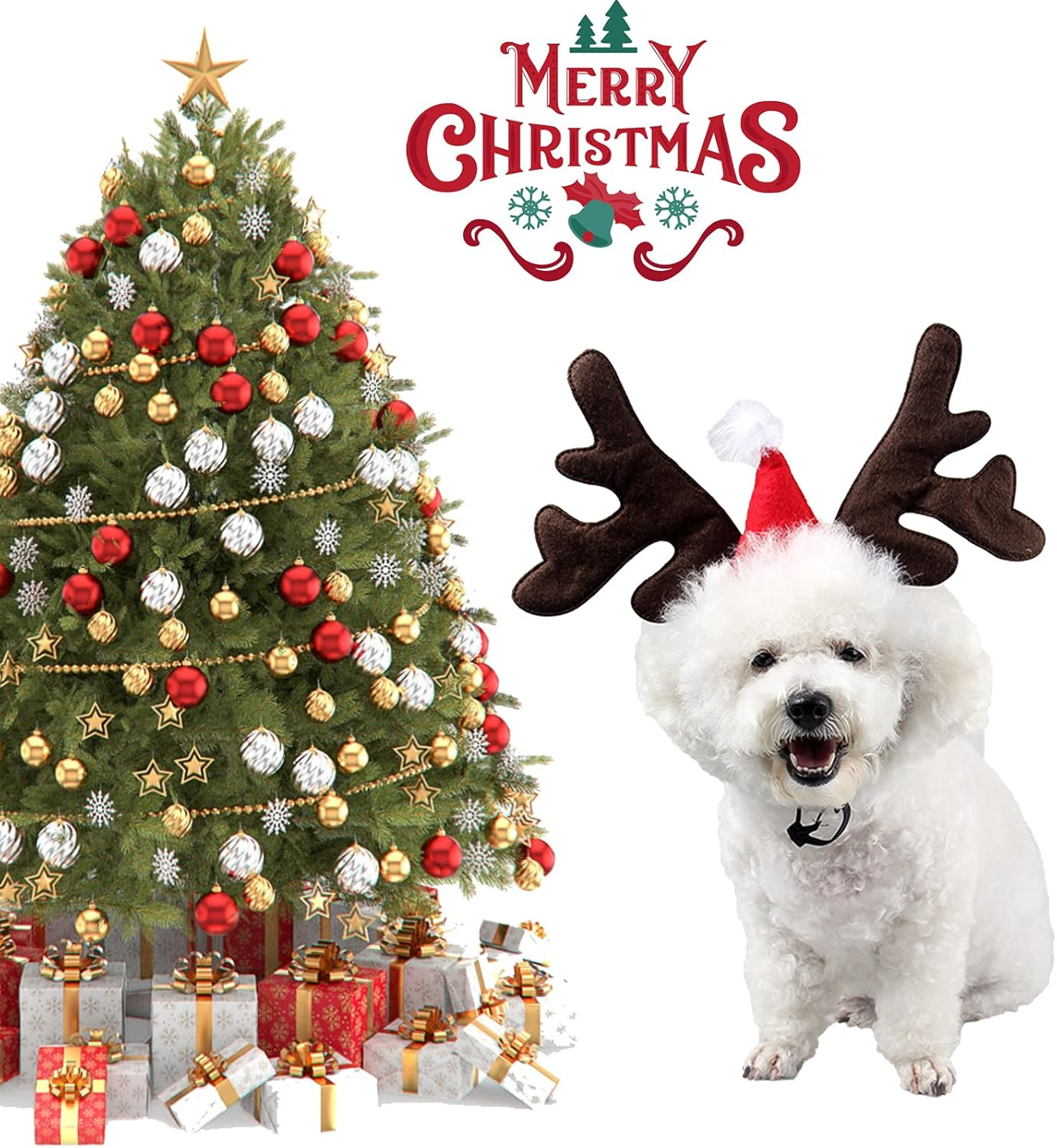 Christmas Dog Elk Reindeer Antler Headband Santa Hat Cap Pet Xmas Costume Headwear Adjustable Accessories for Cat and Puppy Small Dog image number 1