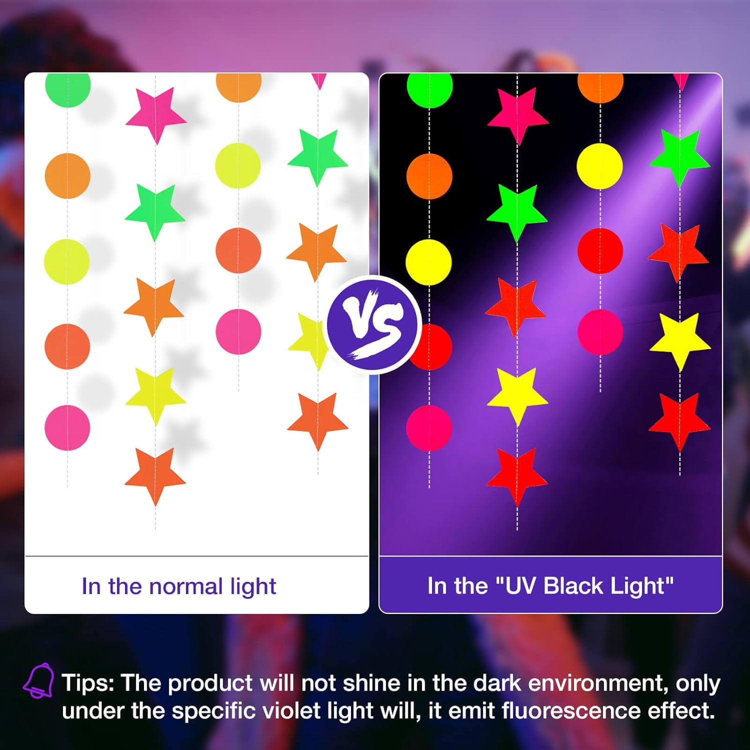 Dayker UV Neon round Garland, Star Paper Neon Streamers Banner, Reusable Blacklight Fluorescent Decorations Glow in the Dark Party, UV Reactive for Party Supplies Wedding Birthday Decor, Total 32.49Ft image number 6