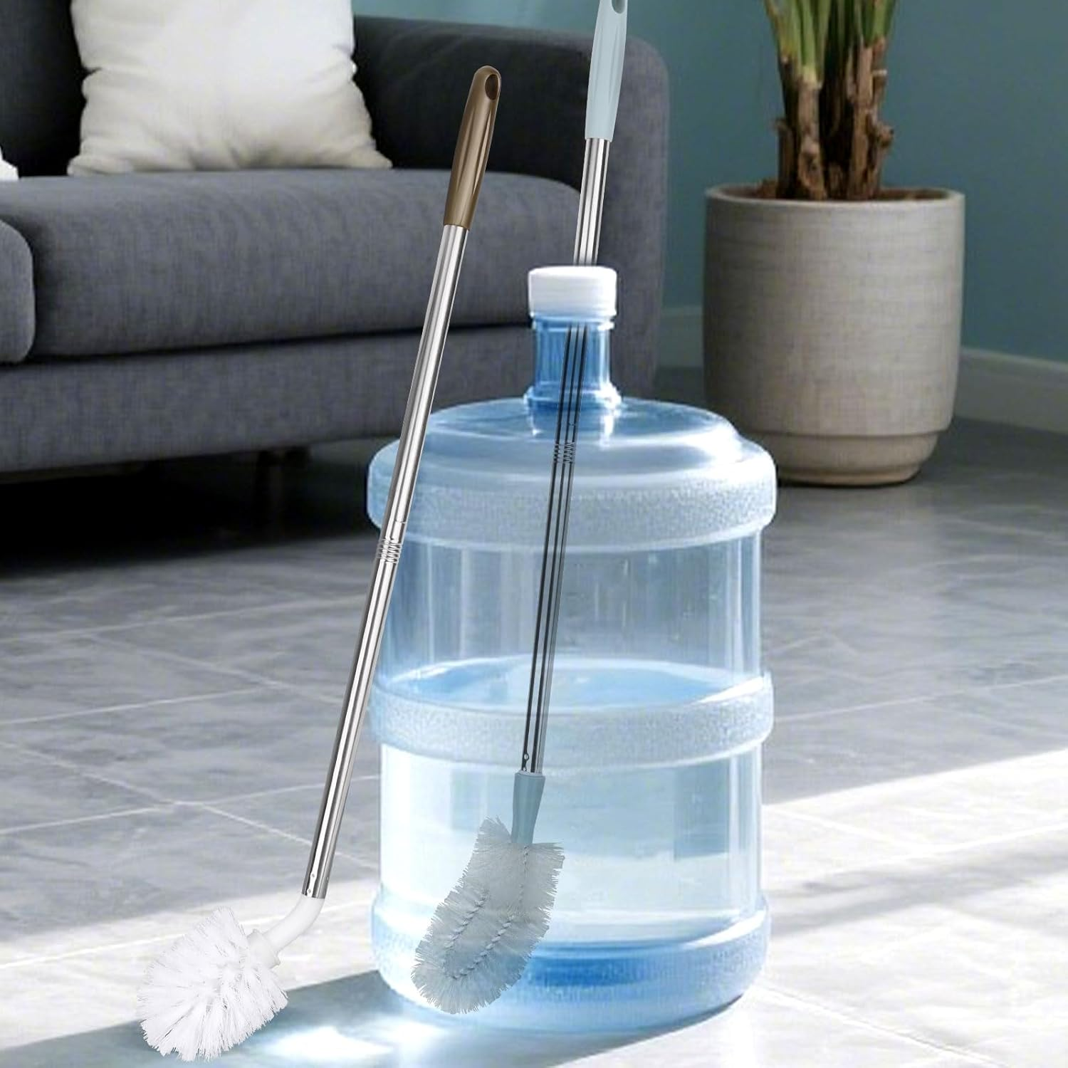 2Pcs Bucket Cleaning Brushes, 2 Styles Gallon Jug Cleaner Kettle Brush with Extra Long Stainless Steel Handle and Nylon Bristles Water Bottle Efficient Cleaning Tools