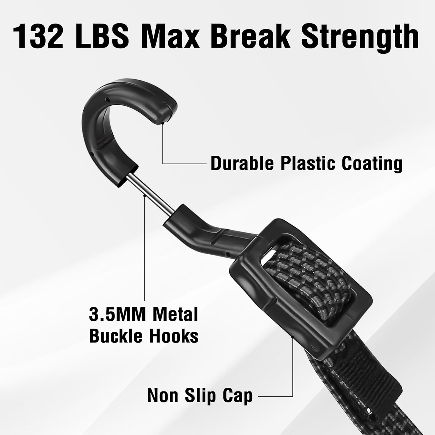 Rugtol Bungee Cords with Hooks, 200Cm Long Adjustable Flat Bungee Cords with Hooks Heavy Duty, Rubber Black Bungee Straps with Metal Buckle Hooks for Outdoor, Camping, Tarps, Bike Rack, Tent, 4 Pack image number 2