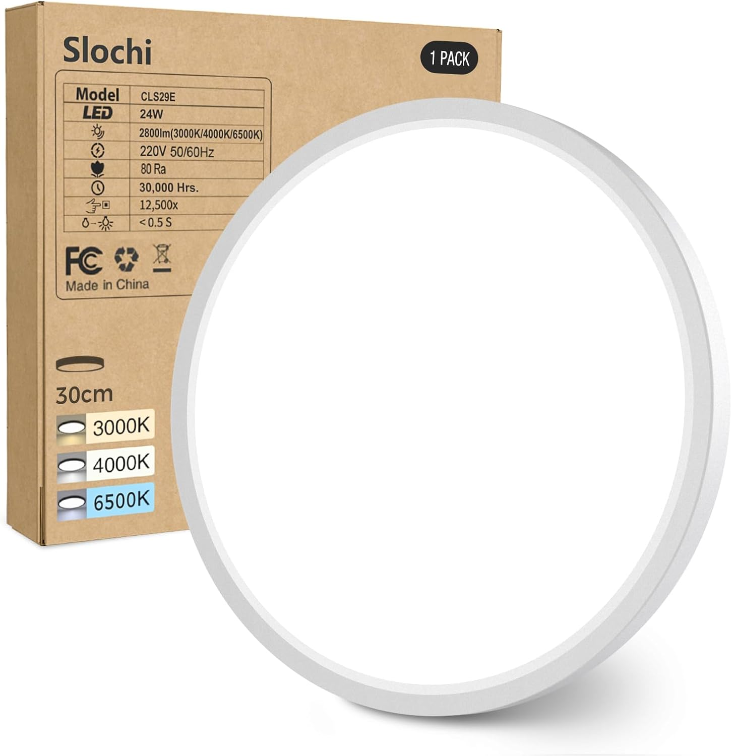 Slochi 24W 3000K/4000K/6500K LED Ceiling Light, 2800LM IP54 Waterproof, White, 30Cm Diameter, Suitable for Kitchen, Bedroom, Living Room image number 4