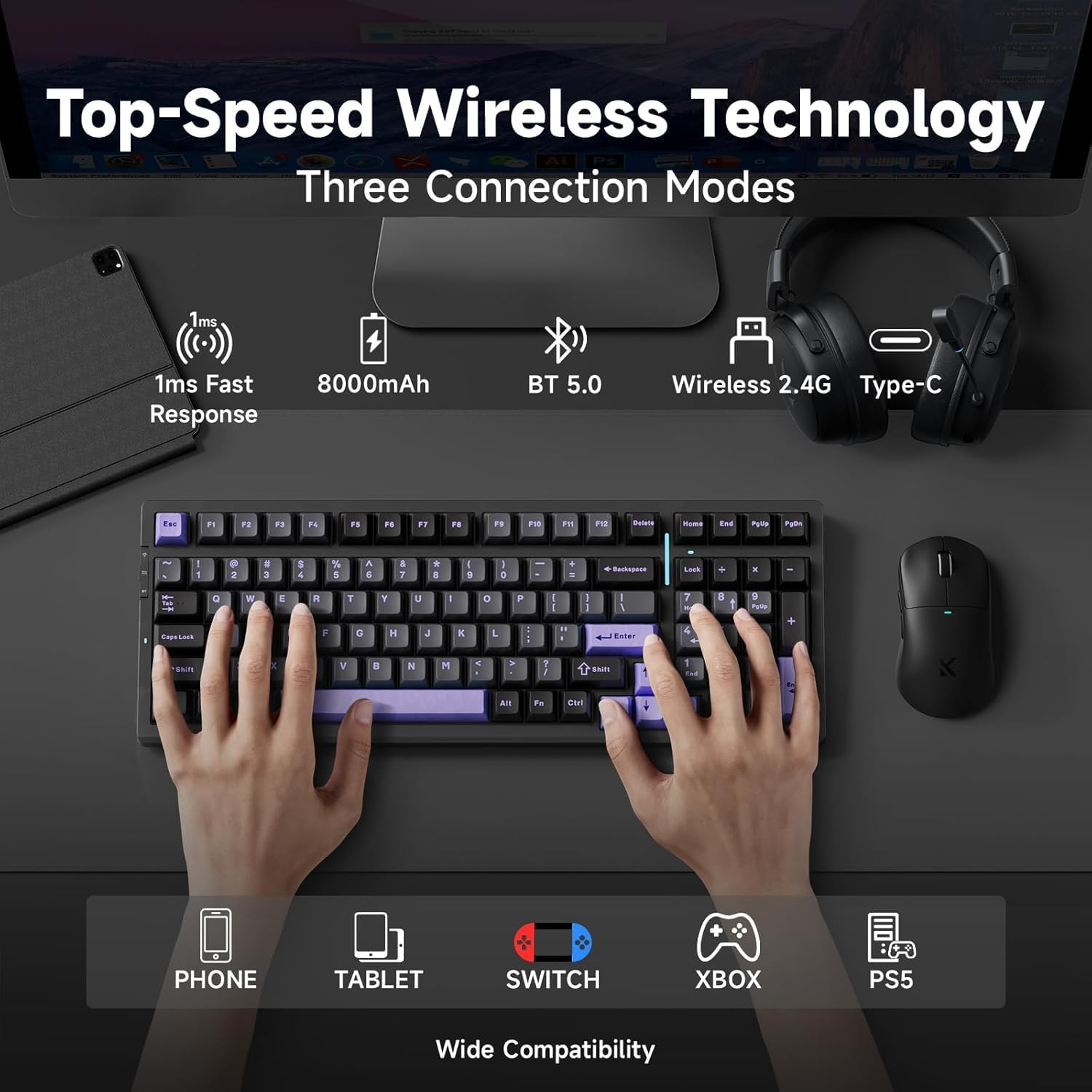 G98 PRO Wireless Mechanical Keyboard, Tri-Mode Connection Gaming Keyboard, Hot Swappable Custom Gasket Structure, Pre-Lubed Linear Switches, Double Shot PBT Keycaps RGB LED Backlit - Grayblue image number 3