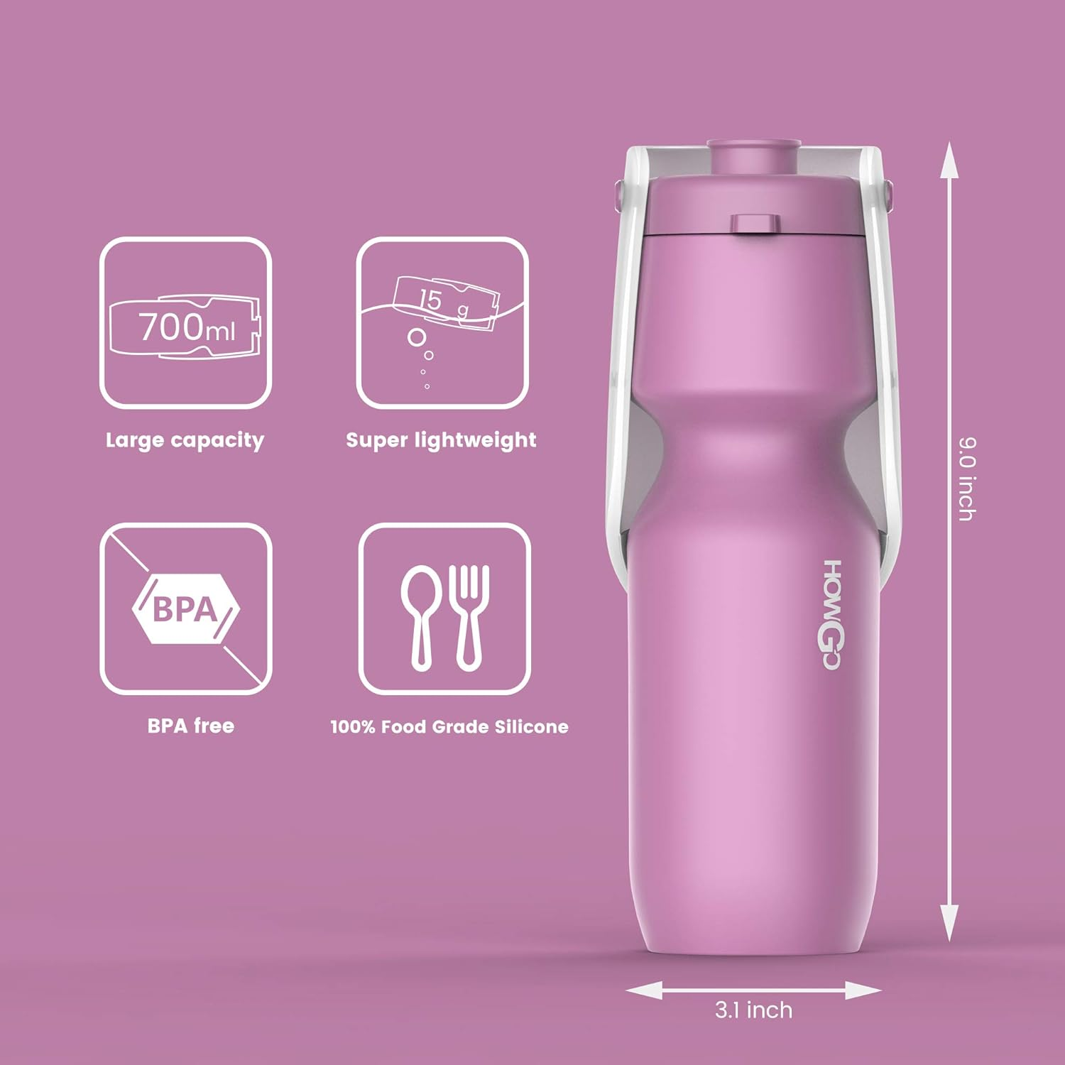 HOWGO Large Dog Water Bottle，Super Light-Weight, Portable, Food Grade Silicone&Plastic Dog Water Bottle for Walking, Hiking, Running, Travel Dog Water Bottle, Easy to Use,Water for Dogs (Purple) image number 1