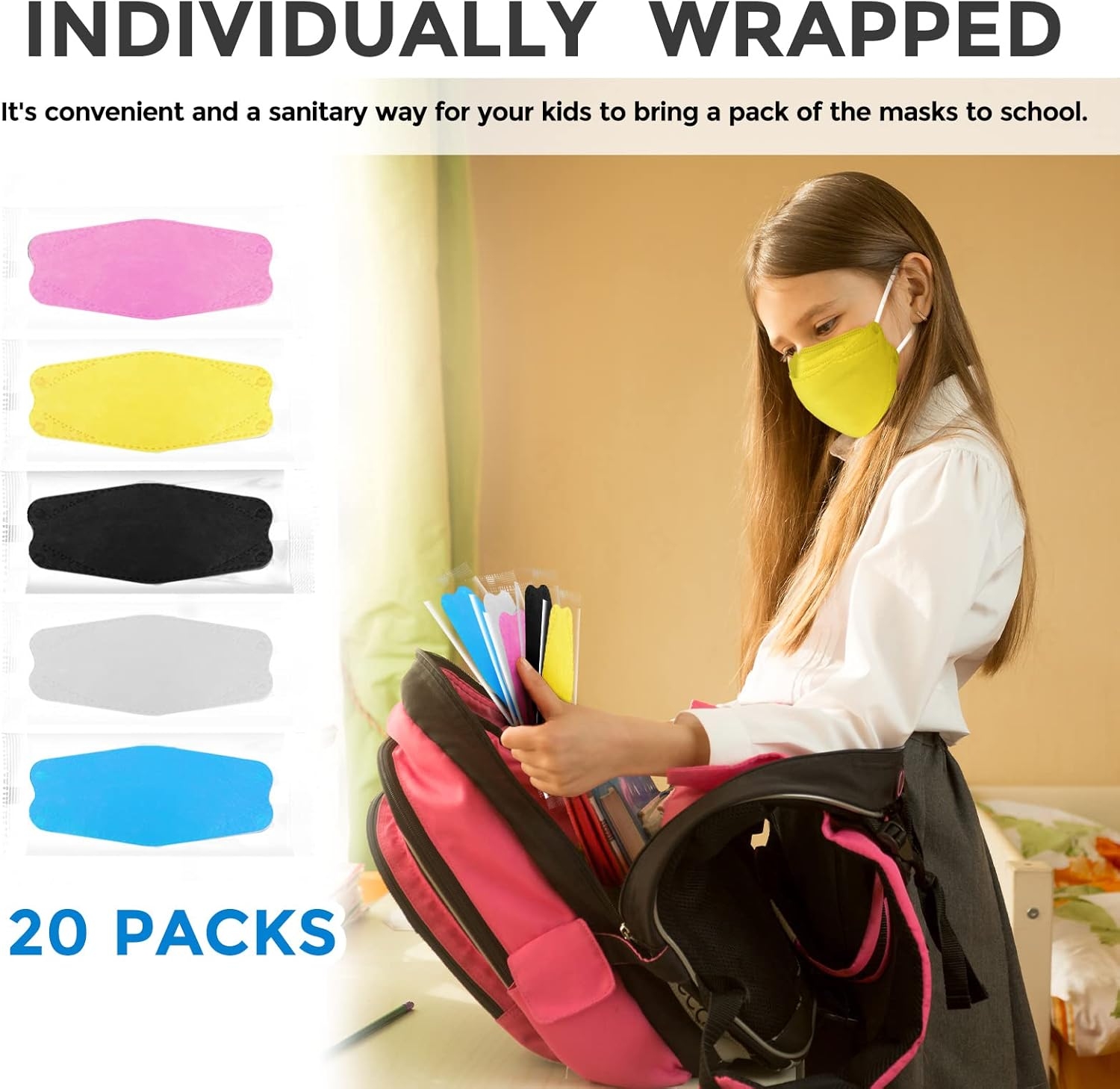 KF Design Kids Mask for Children (3-8 Years), 20 Packs Colored Mask Individually Wrapped, Kid Sized Disposable Fitting Folded Mask for Boys Girls with Small Face 4 Layer Filter, Child Mask Cover Soft Comfortable Breathing with Adjustable Nose Clip image number 5
