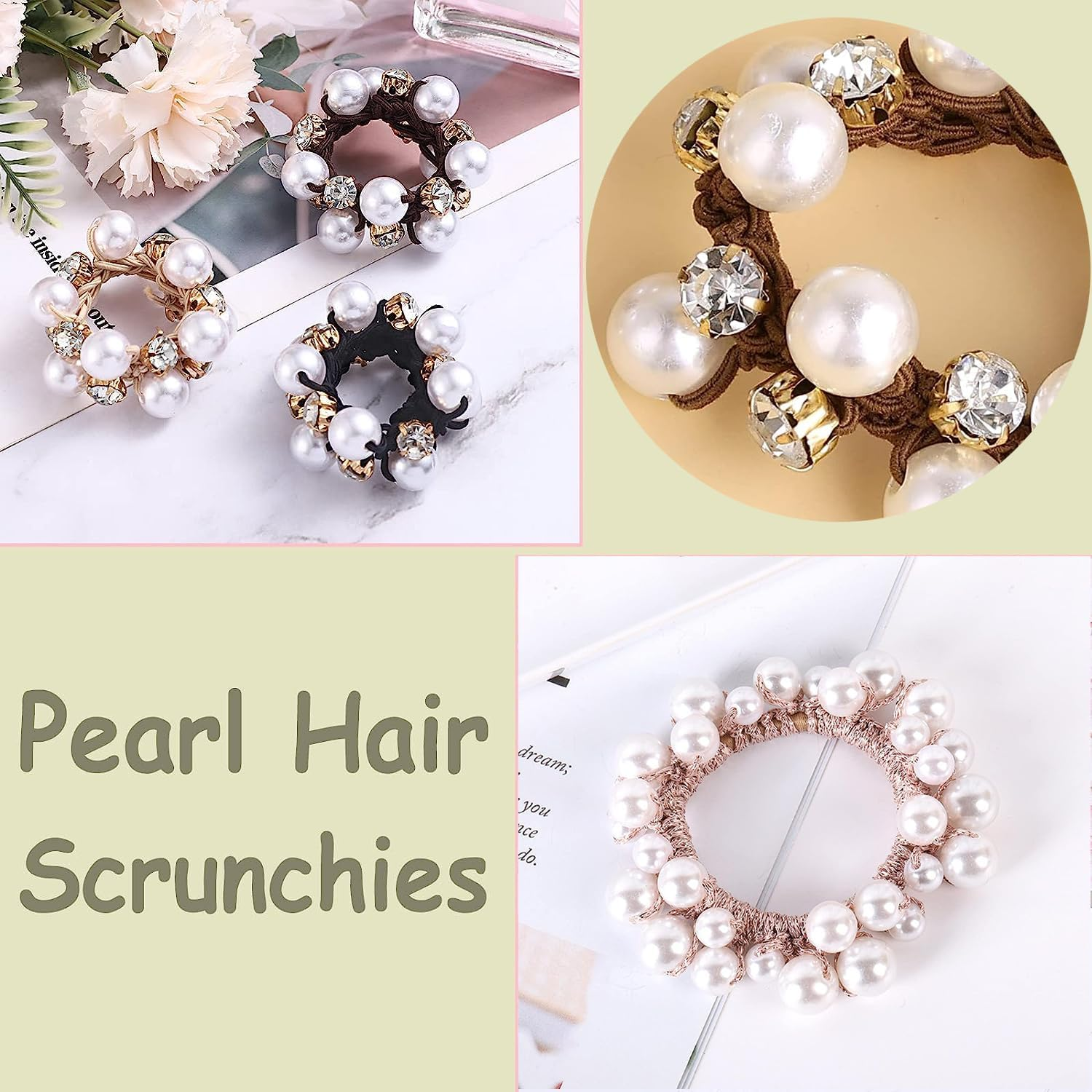 Taicols Pack of 4 Scrunchies Crystal Pearl Hair Bobbles for Women, Pearl Hair Accessories, Hair Ropes, Hair Bobbles, Strong Elastic Stretchy Hair Bands, Crystal Ponytail Holder, Hair Bobbles for Women and Girls image number 2