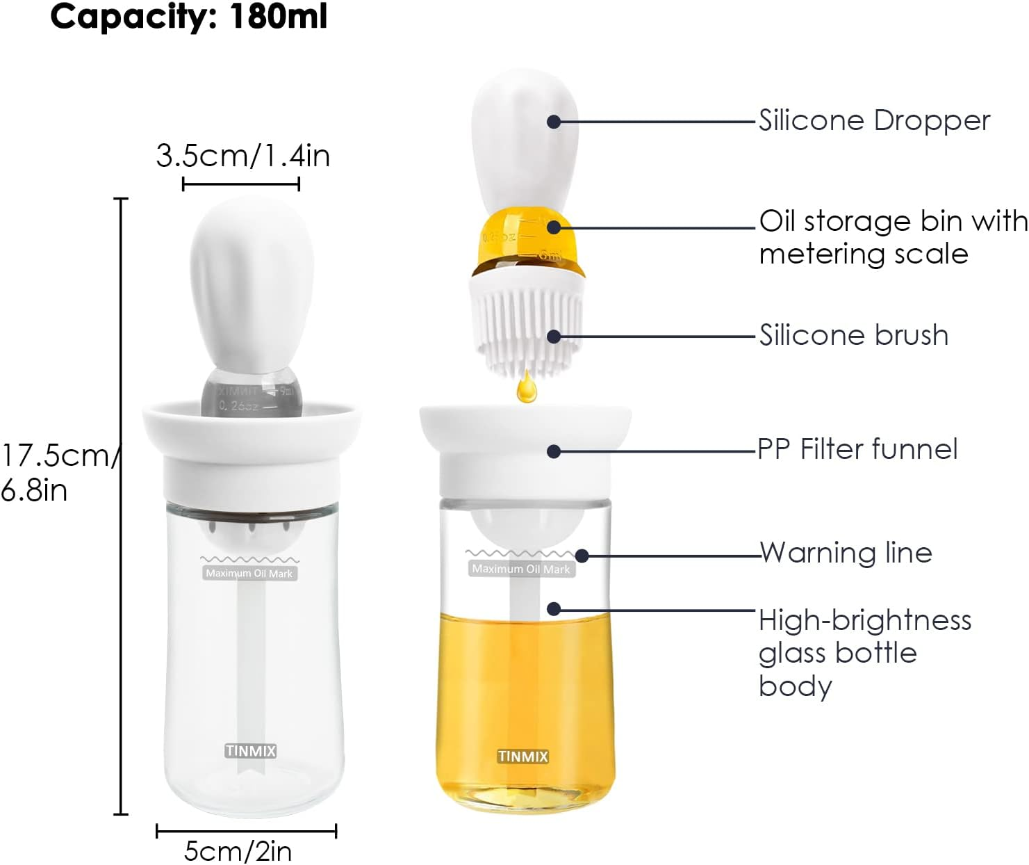 TINMIX Oil Dispenser Bottle with Silicone Basting Brush - Kitchen Olive Oil Bottle for Cooking Vinegar Sauce BBQ Grill Frying Baking, Kitchen Aid, T-OB21S, Grey - 2X Straws image number 3
