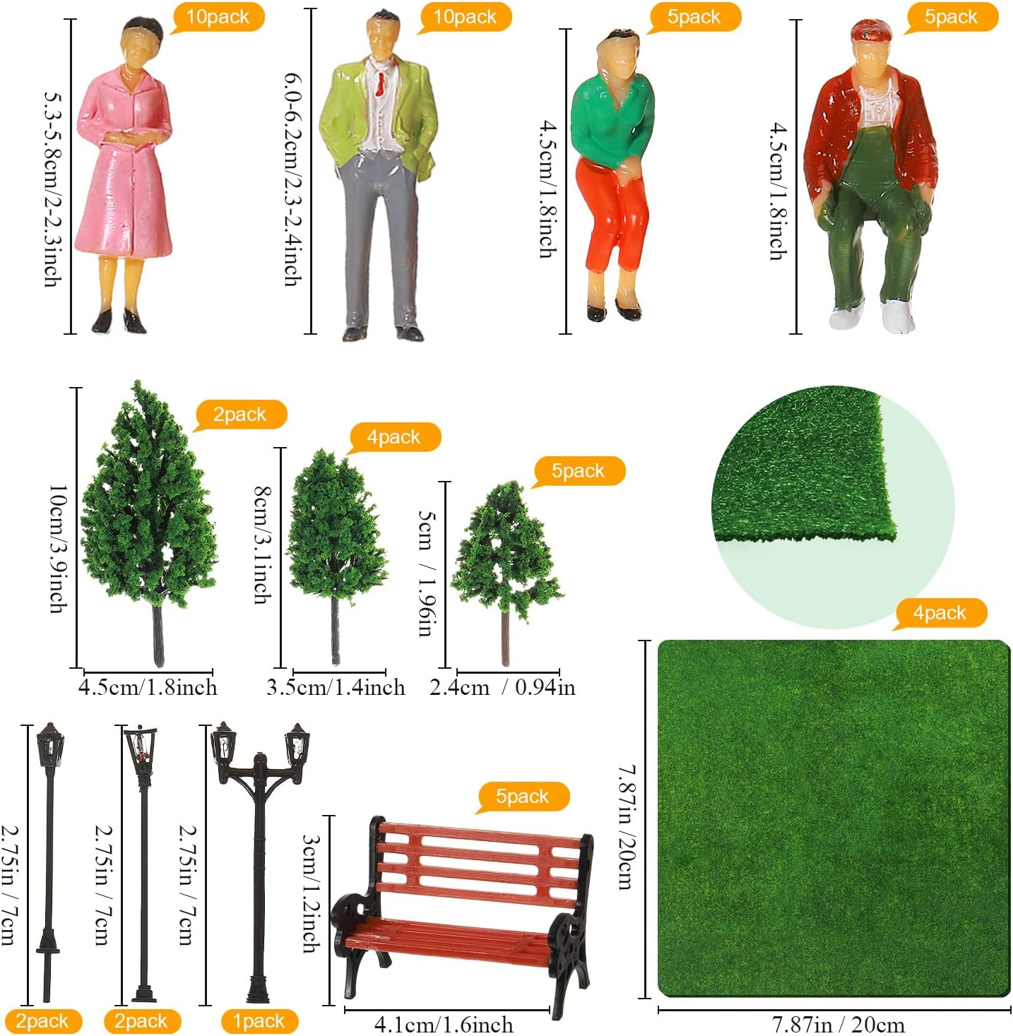 Sratte 55 Pcs 1:30 Scale Model Trains Architectural Scale Painted Figures Set, Include 30 Miniature People 5 Street Lamps 11 Mixed Model Trees 5 Park Street Seat 4 Fake Grass for Miniature Scene image number 3