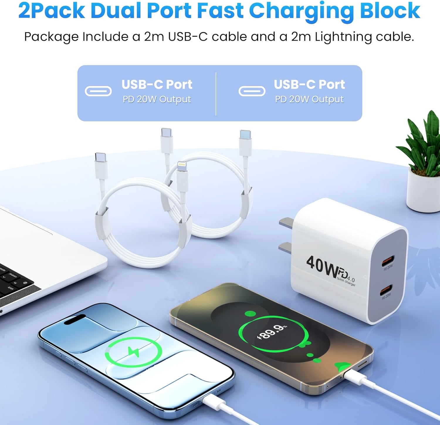 40W USB C Fast Charger 2Pack,2-Port PD USB-C Wall Charger Plug with Dual PD USBC Port,Power Adapter Type C Wall Charger Au-Plug for Iphone/Ipad/Samsung/Galaxy with 2M USB-C & Lightning Cable image number 6