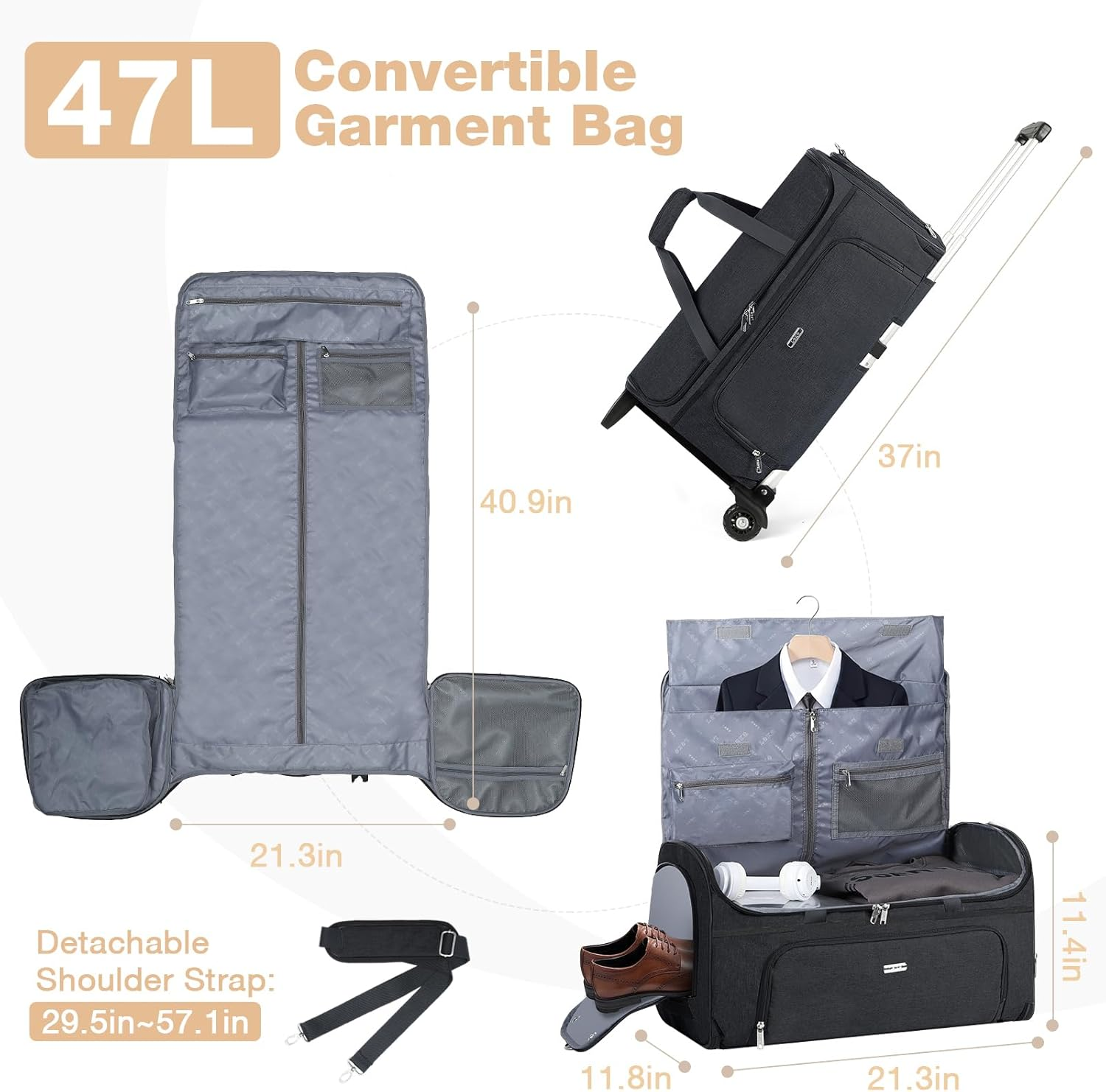 Lekespring Garment Bags with Wheels, Garment Convertible Weekender Bags, Large Carry on Garment Bags for Travel, Duffle Bag Garment Bag (Black, Medium)