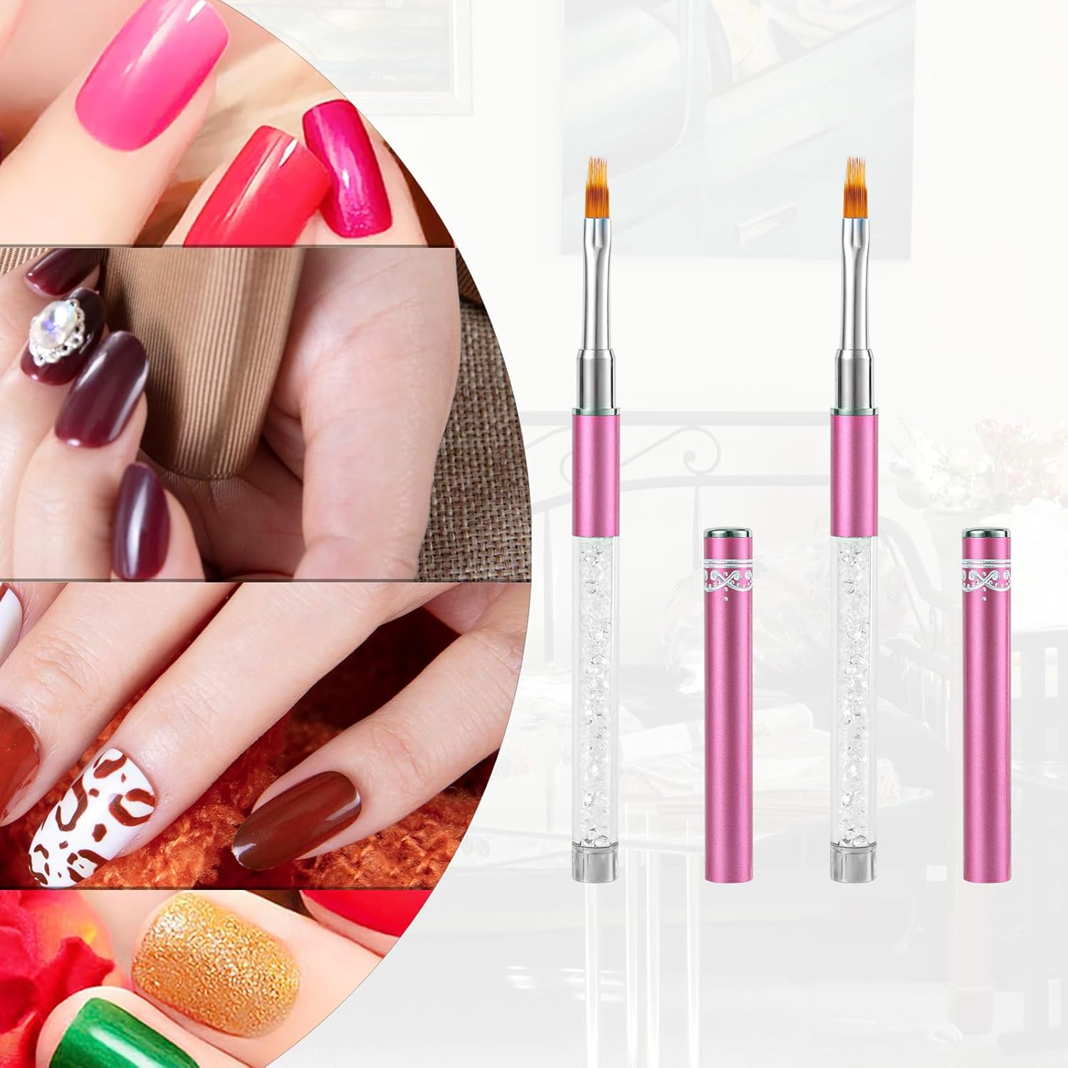 2Pcs Ombre Nail Brushes, Nail Painting Art Brushes with Rhinestone Handle Gradient Nail Design Brushes for Nail Extension Manicure Cleaning Gradient Gel Polish image number 3