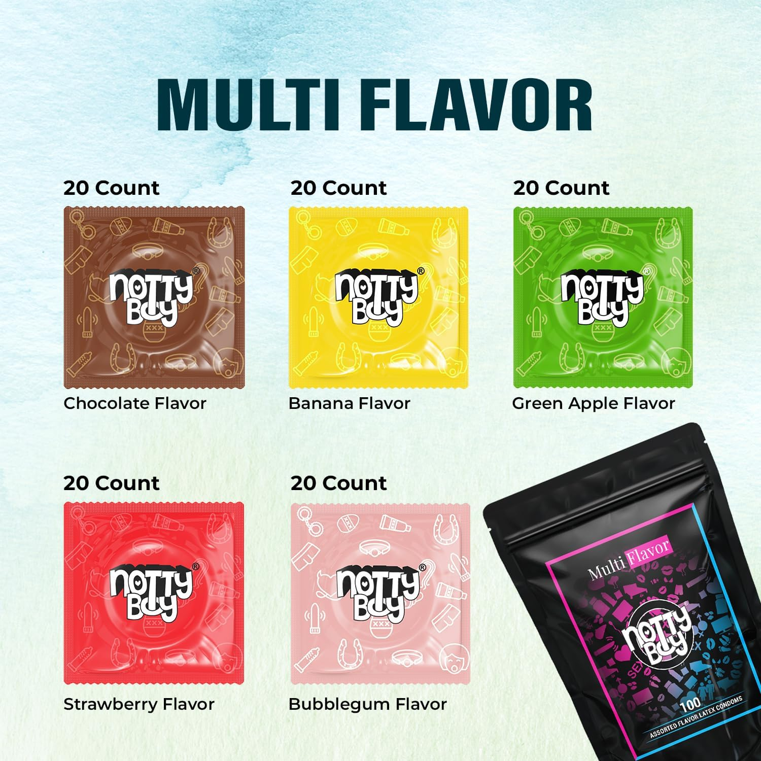 Nottyboy Wholesale Pack of 100 Condom - Assortment of Mixed Delicious Fruit Flavored Condoms for Men | (Bubblegum | Green Apple | Chocolate | Tempting Strawberry and Banana) Safe for Oral Use image number 3