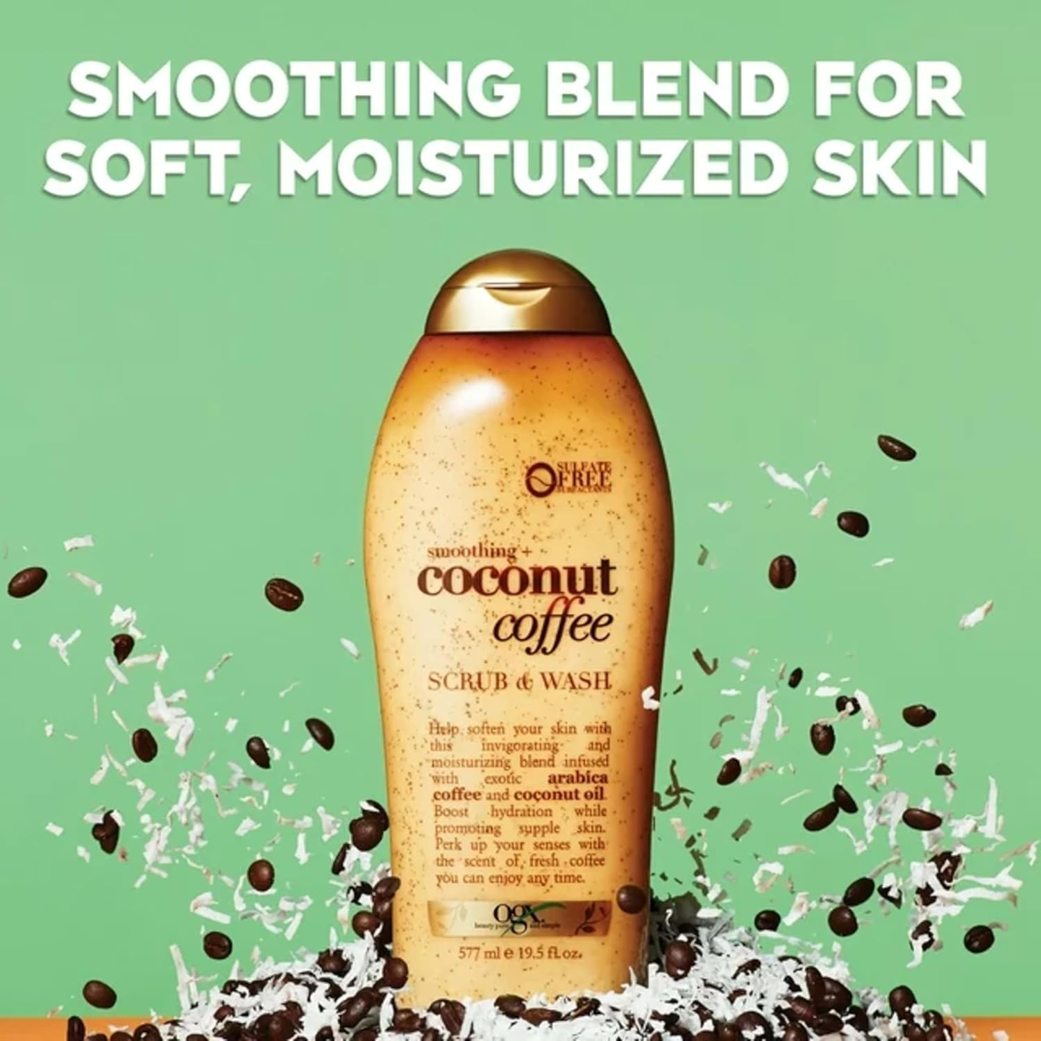 OGX Smoothing + Coconut Coffee Exfoliating Body Scrub with Arabica Coffee & Coconut Oil, Moisturizing Body Wash for Dry Skin, Paraben-Free with Sulfate-Free Surfactants, 19.5 Fl Oz image number 6