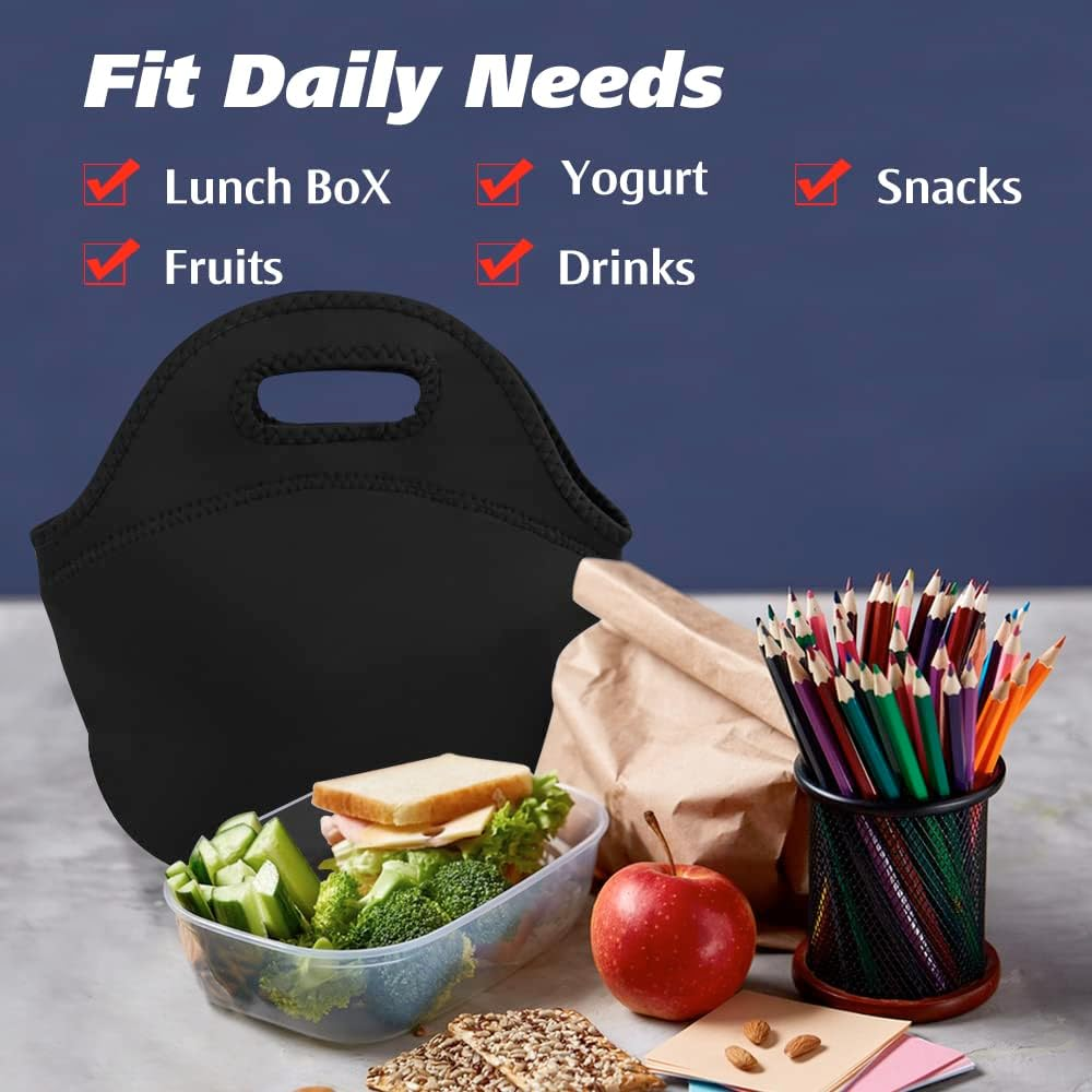 2 Pcs Black Neoprene Lunch Bag, Lunch Bags for Women, for Girl Boy Teens, Insulated Lunch Bag, Thermal, Reusable and Foldable Lunch Bag with Zipper for Adult Nurse School Work Travel Picnic (Black) image number 3