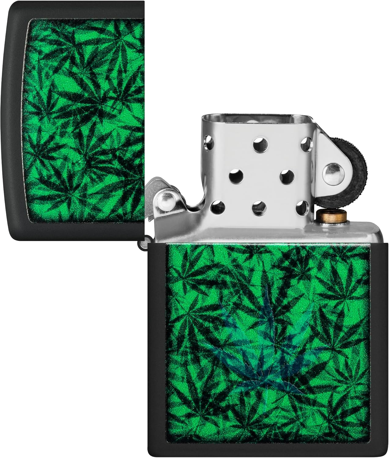 Zippo Cannabis Black Light Windproof Lighter, Black Matte - 540 Tumbled Brass image number 4