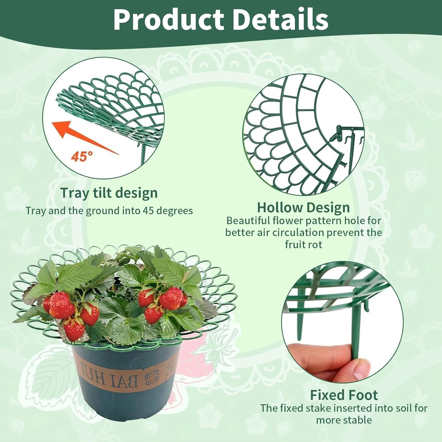 6Pack Strawberry Supports Petal-Shaped Strawberry Stand Plastic Fruits Growing Rack Balcony Vegetable Rack Planting Garden Accessories with 3 Sturdy Legs for Vegetable Garden Orchard image number 2