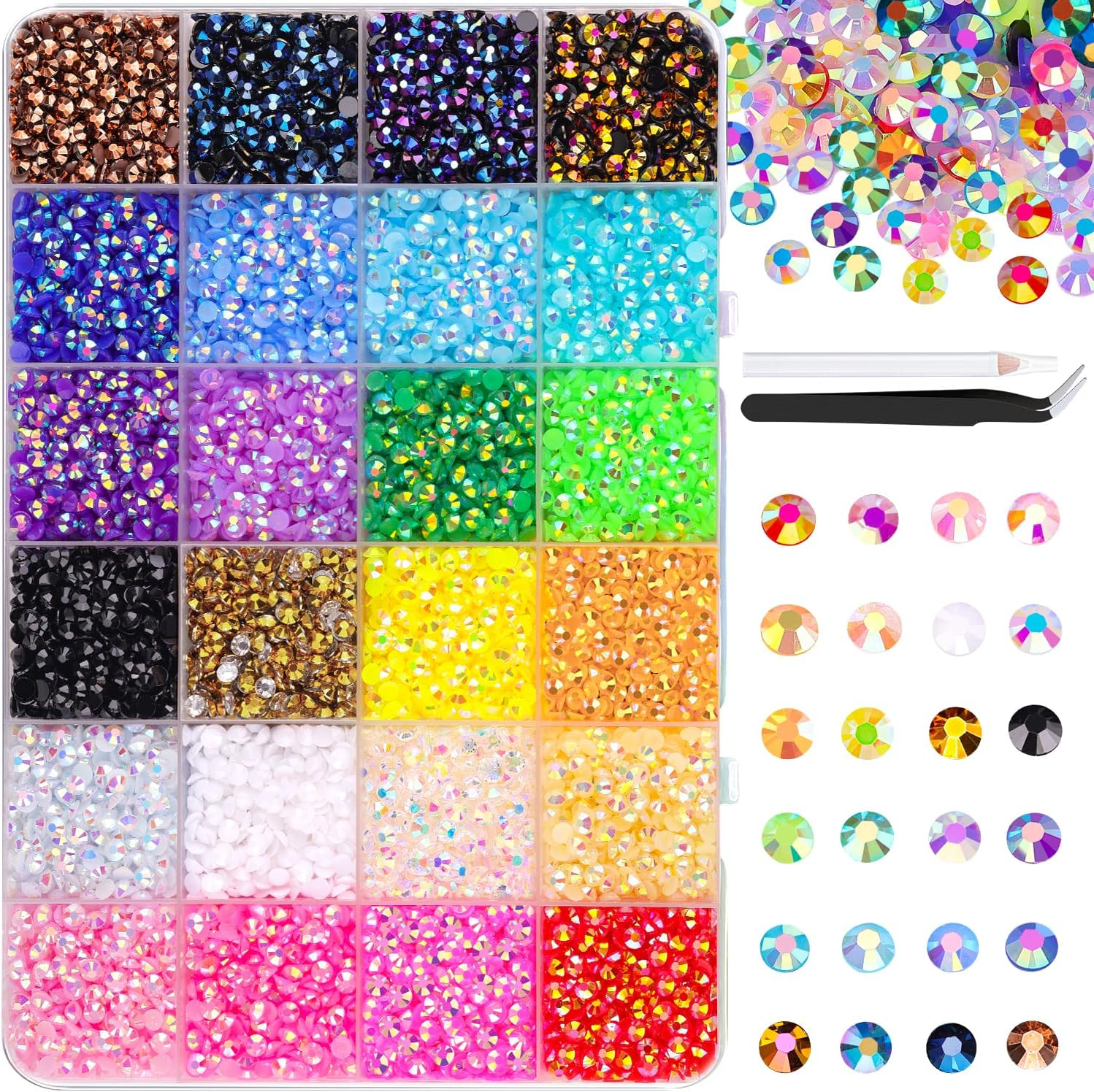 TINKRSTUFF 24000Pcs Jelly Resin Rhinestones with Tweezers for Crafts, Mixed Gems, 3Mm Non Heat Setting, Crystals for DIY Clothing, Glasses, Cups, Shoes, Fabric, Nail Decor