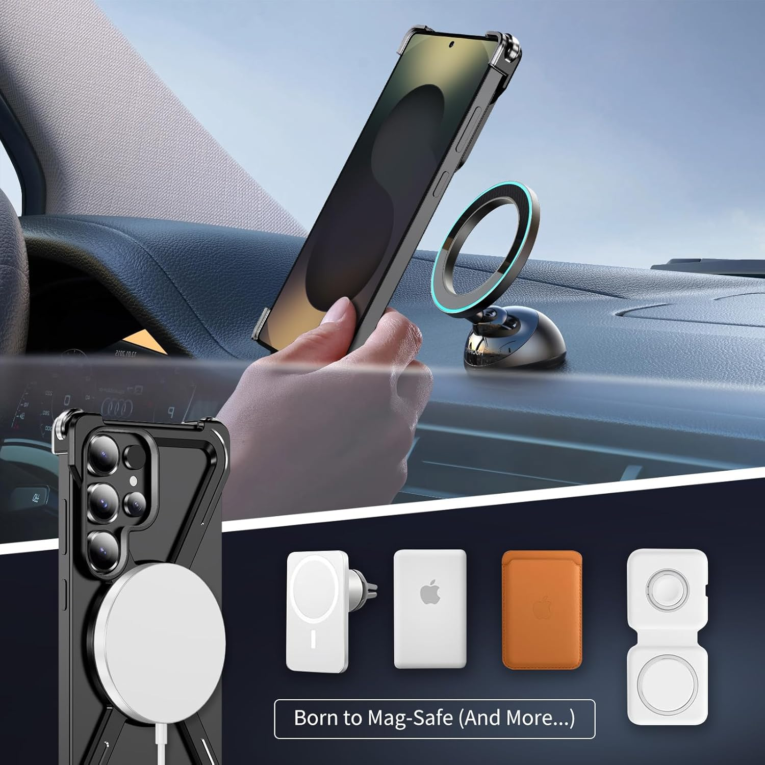 QIWEIQING Frameless Case for Samsung Galaxy S25 Ultra Compatible with Magsafe, Bezel Less Mobile Phone Case Titanium Alloy 360&deg; Rotation Magnetic Stand Protective Case for Samsung S25 Ultra. Black THJ image number 1