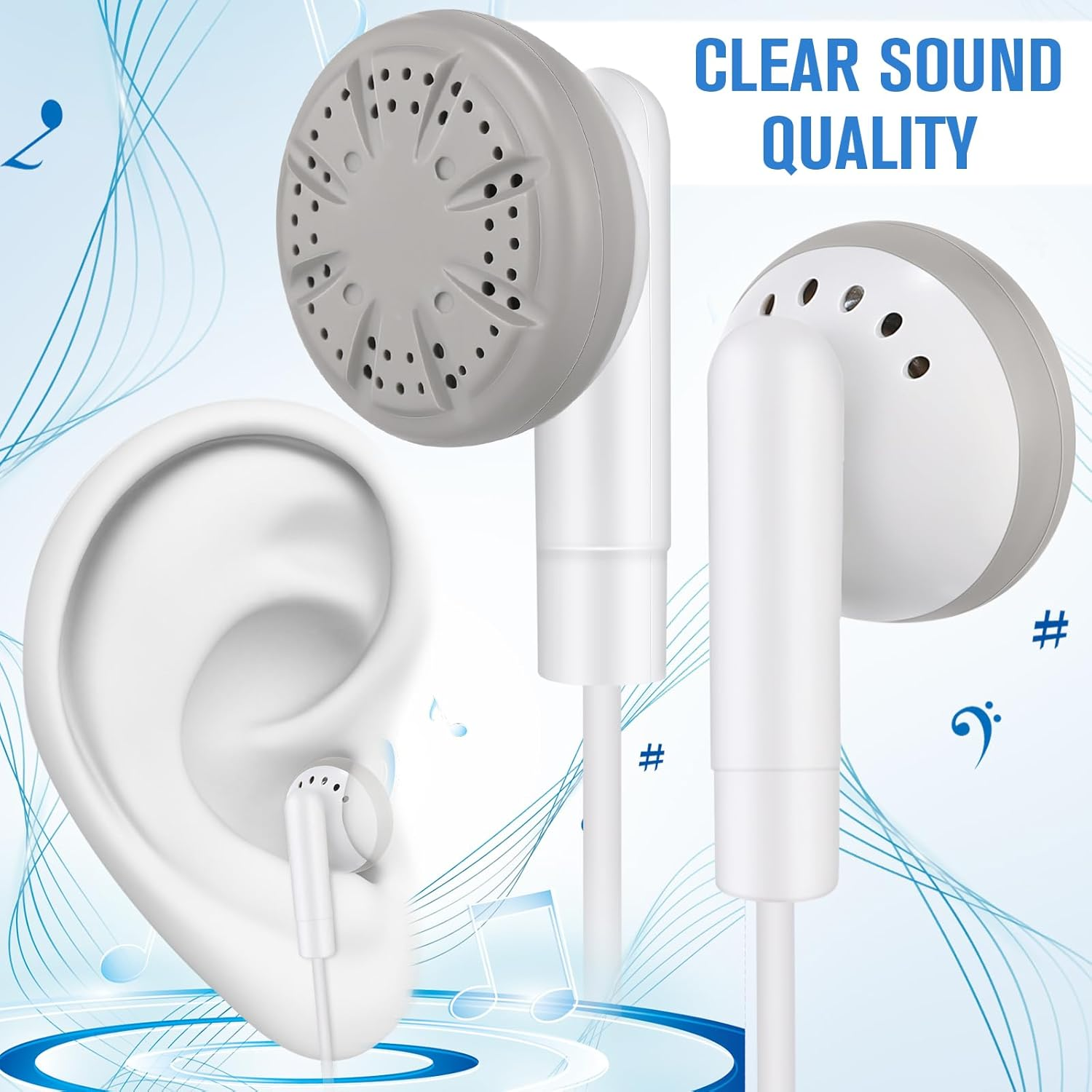 Kanayu 100 Pack Earbuds Bulk Earphones for School Classroom, Student Wired Earbuds Headphones without Mic, Earphones Bulk for Adults School Library Laptop, Individually Bagged(White) - Black image number 3