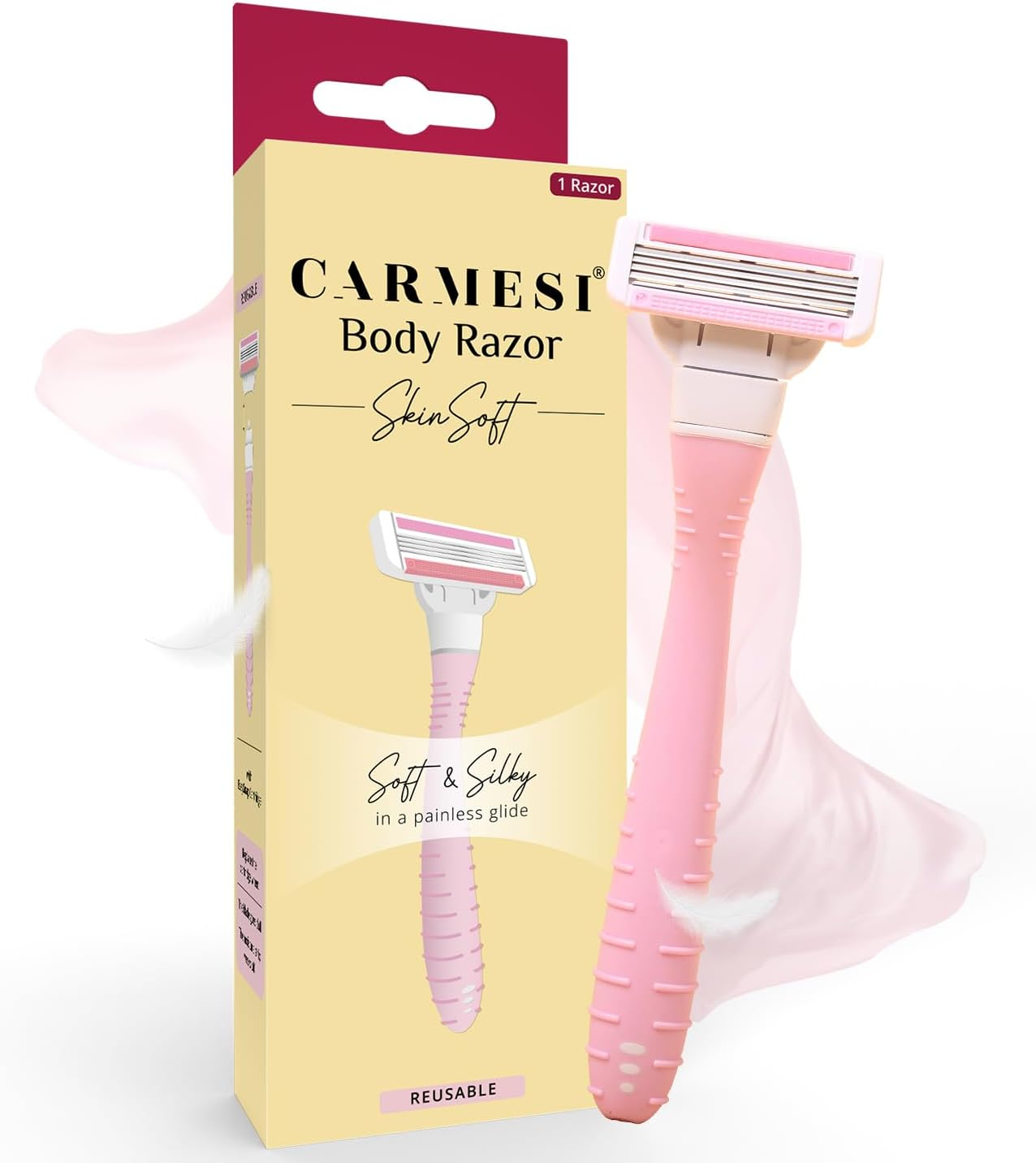 Carmesi Body Razor Skinsoft - Reusable - Pack of 1 | Aloe Vera & Vitamin C Moisture Strip for Smooth & Painless Hair Removal | Slip-Proof Rubber Grip | Soft & Silky Skin | Safe, Hygienic, & Economical image number 5