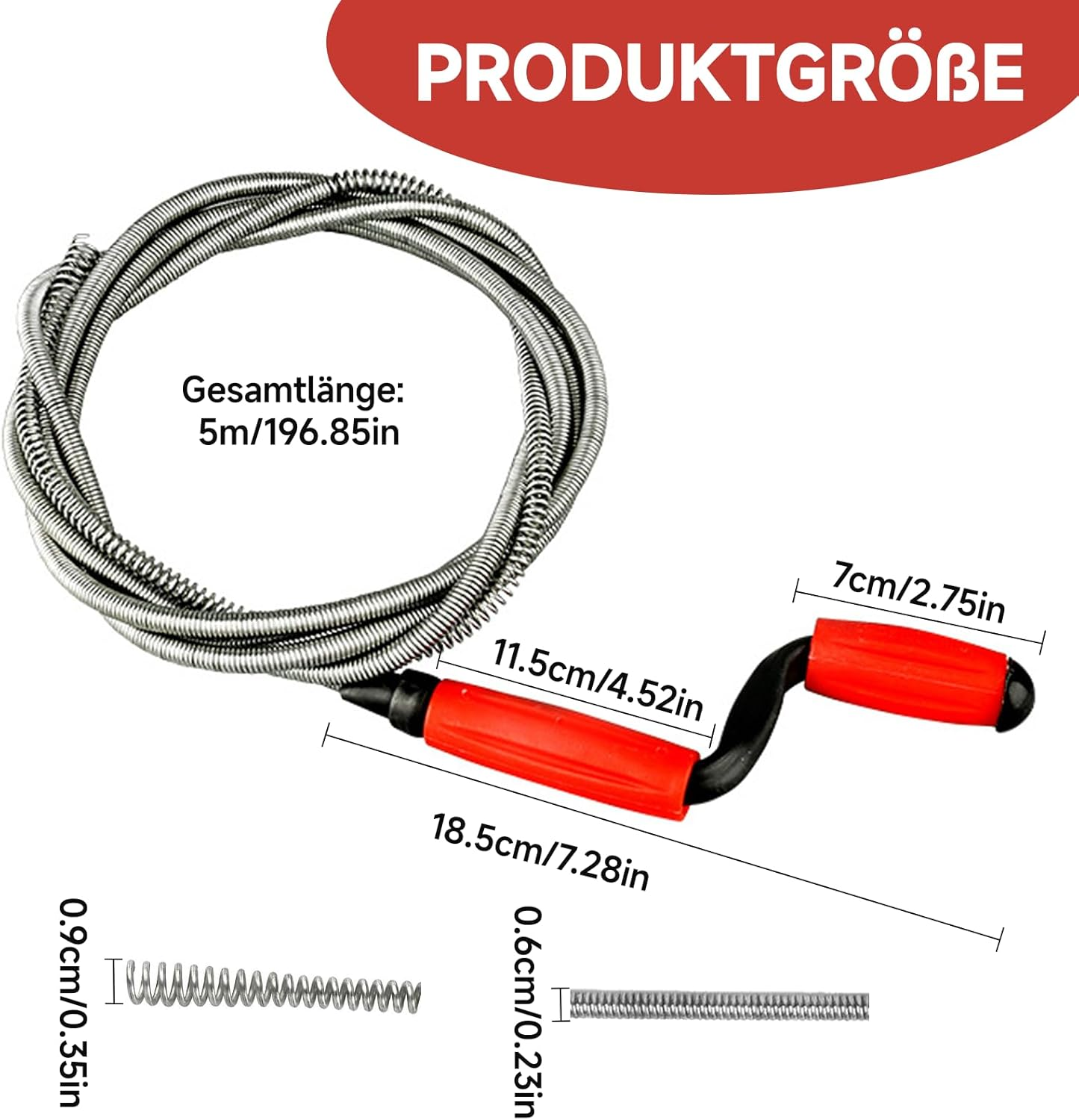 Hautllaif Pipe Cleaning Spiral 5 M Hand Crank Spiral - Flexible Drain Spiral Made of PE and 72A Carbon Steel for Effective Pipe Clogging Cleaning - Ideal for Toilet Kitchen Bathroom Sink Drain