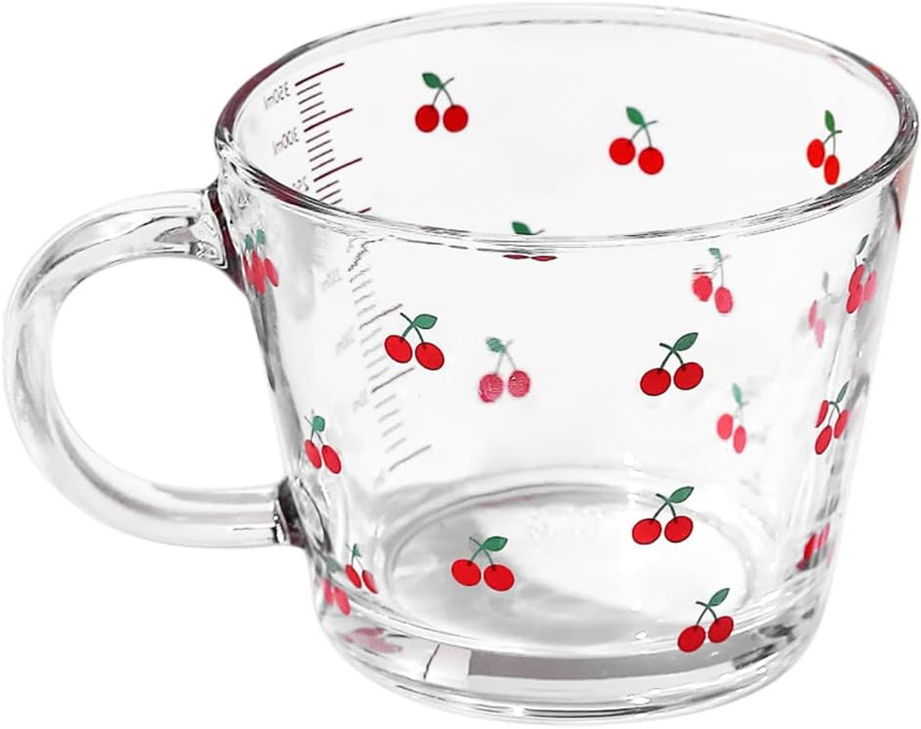12 OZ Kawaii Mug Peach Glass Cup with Measurements,Glass Coffee Mug Cup with Handle for Coffee,Latte,Juice,Milk,Yogurt,Dessert,Tea,Breakfast Oatmeal Cup