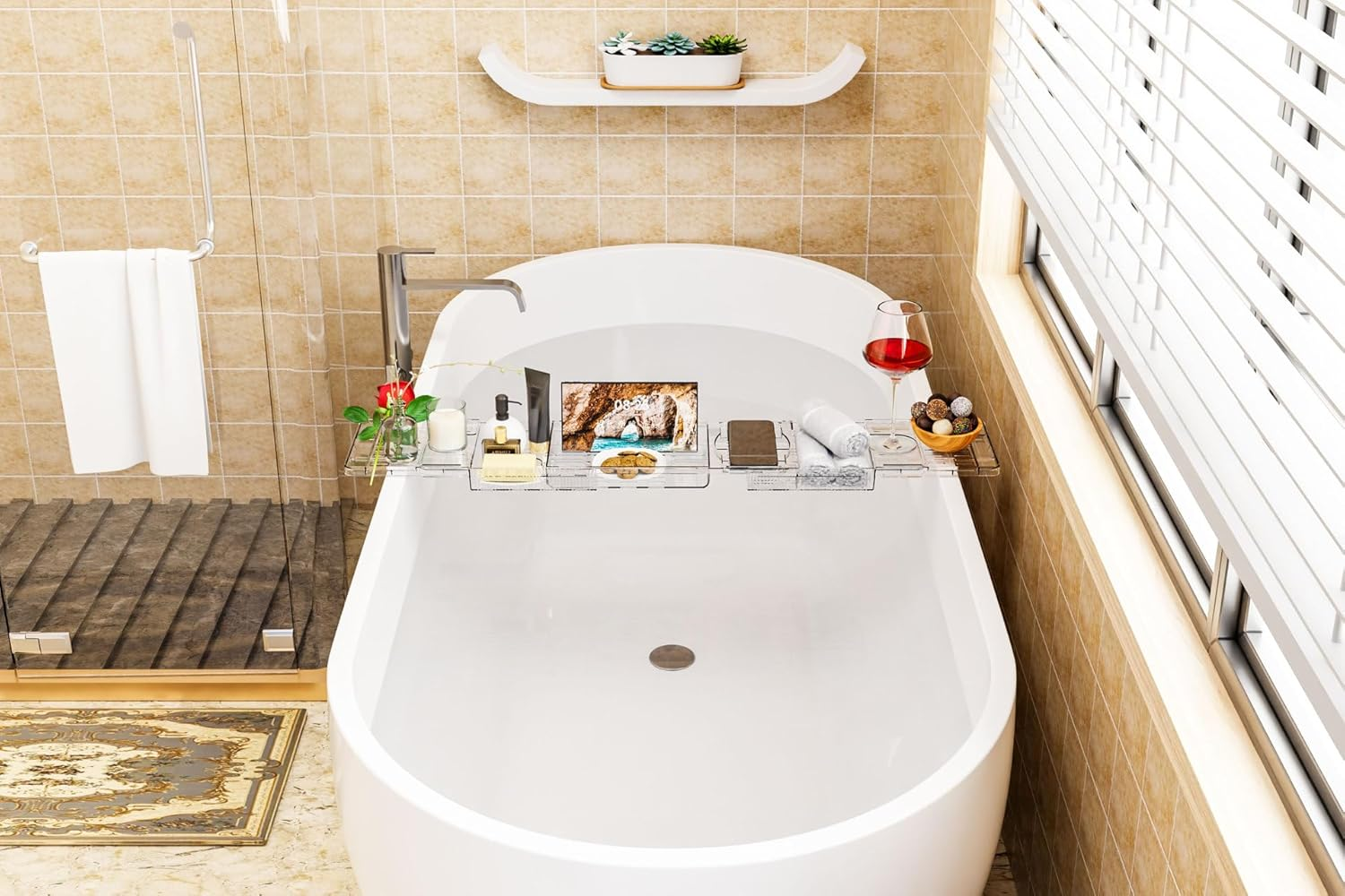 Bathtub Trays for Tub, Expandable Clear Bath Tray, Unique House Warming Gifts, New Home, Anniversary and Wedding Gifts, with Bath Reading Book and Ipad Holder (Clear) image number 4