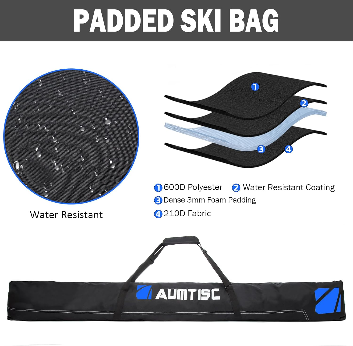 AUMTISC Ski Bag and Boot Bag Combo, Padded Ski Bags for Air Travel Flying, Adjustable Length for Skis up to 200 Cm and Boots up to Size 13 image number 3
