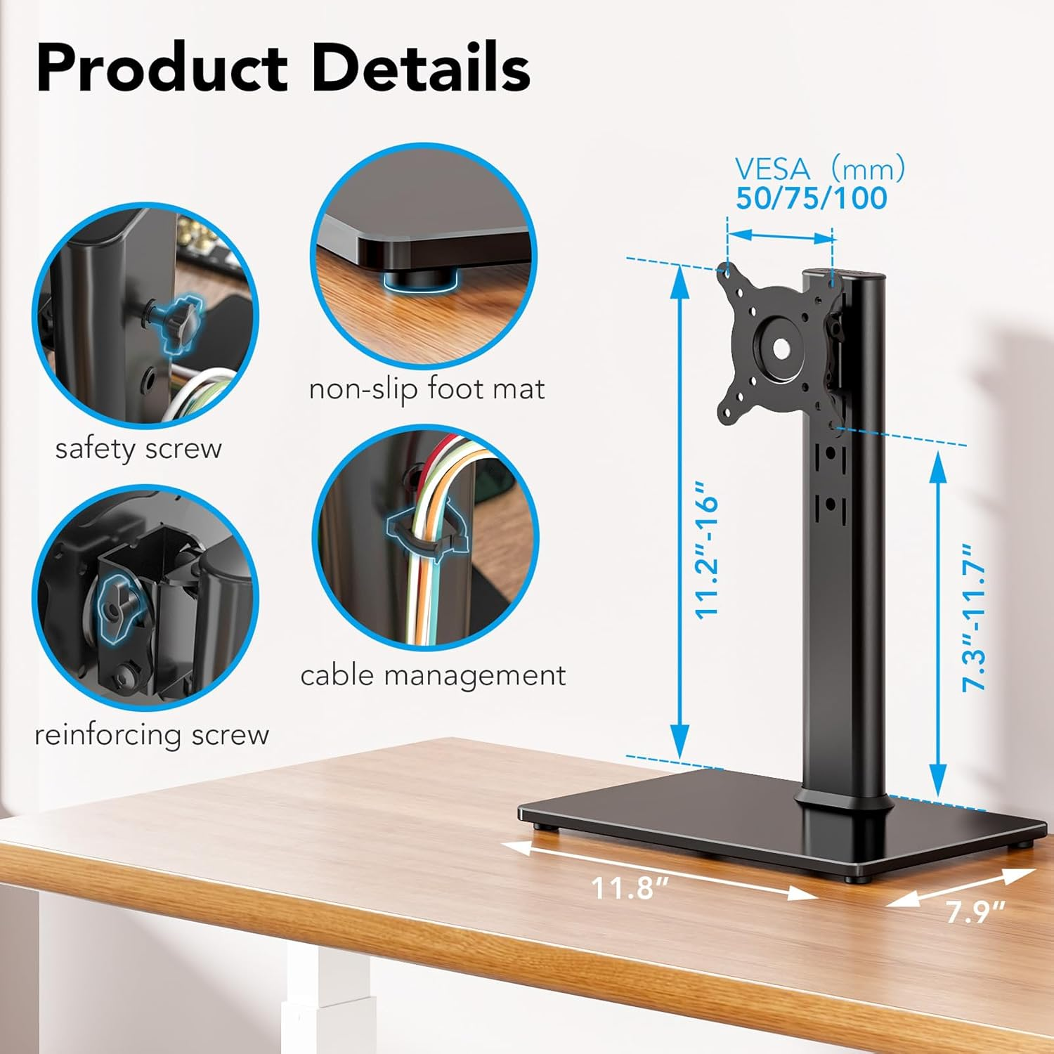 Single Monitor Desk Stand Free-Standing Desk Mount Arm Riser for 13 Inch to 32 Inch Screen Freestanding VESA Mount Base, Adjustable Height, Tilt, Swivel, Rotation, Black AX05TB01 image number 4
